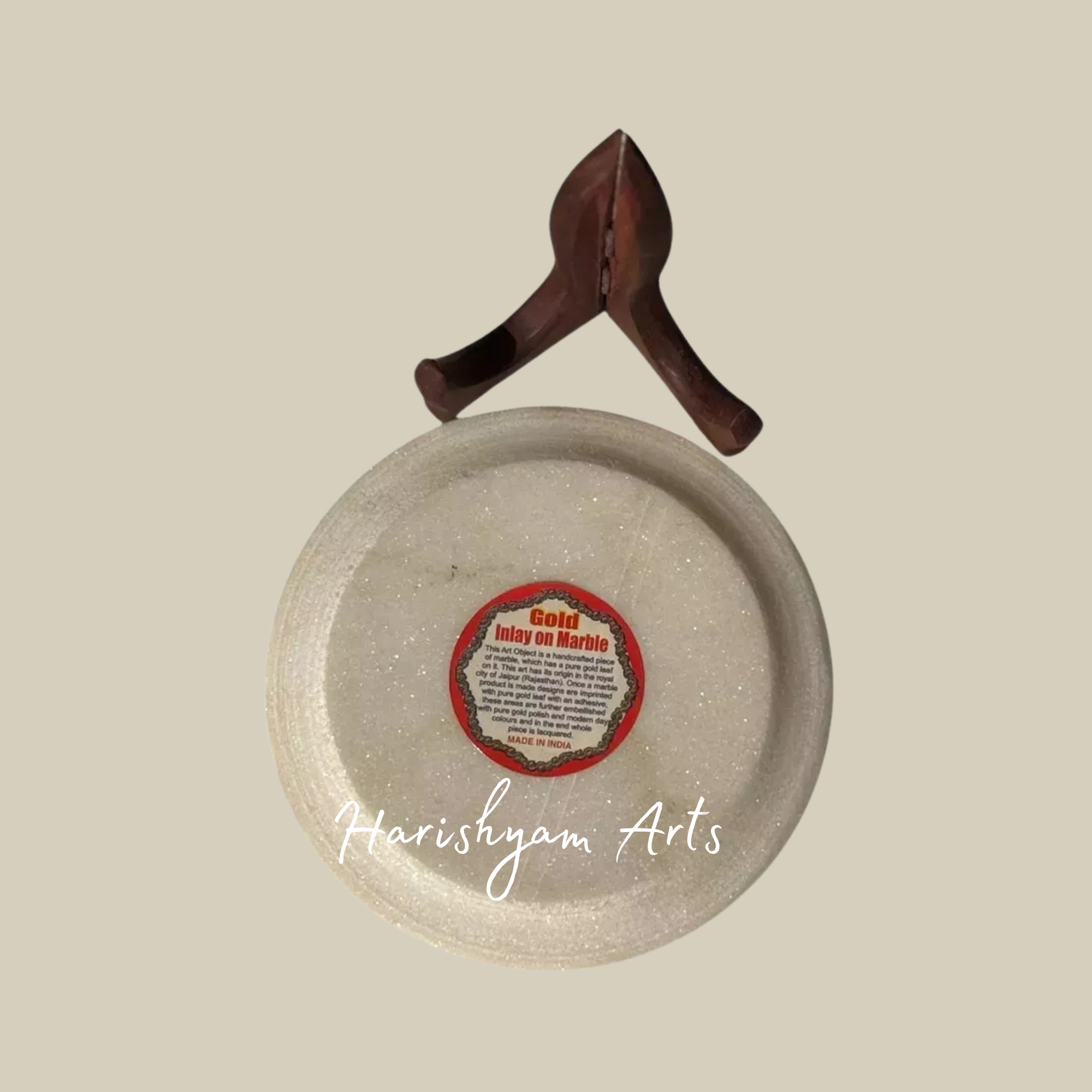 Handcrafted Marble Decorative Plate with Antique Gold Embossed Design & Wooden Stand