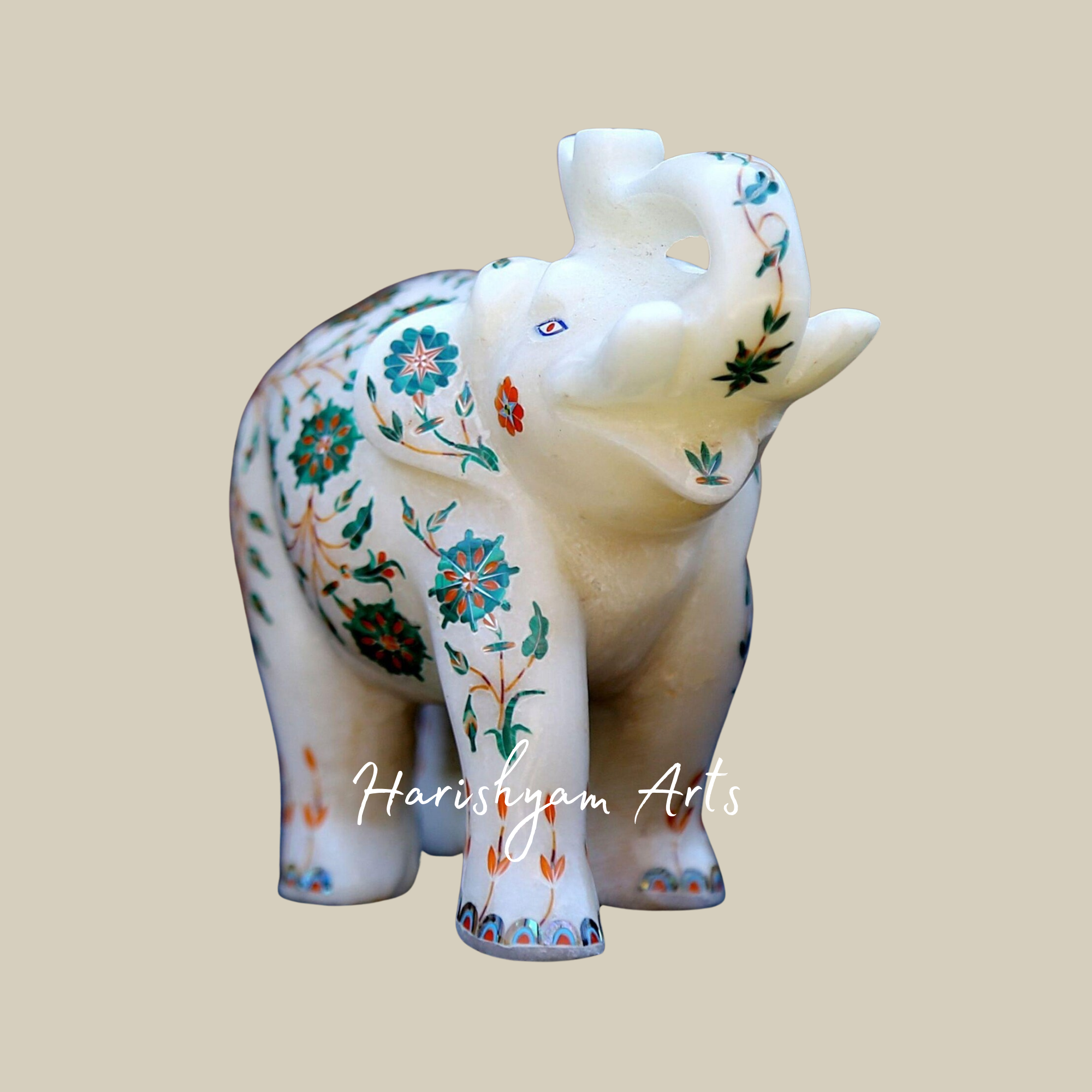 Handcrafted Marble Elephant Figurine with Floral Inlay Design2