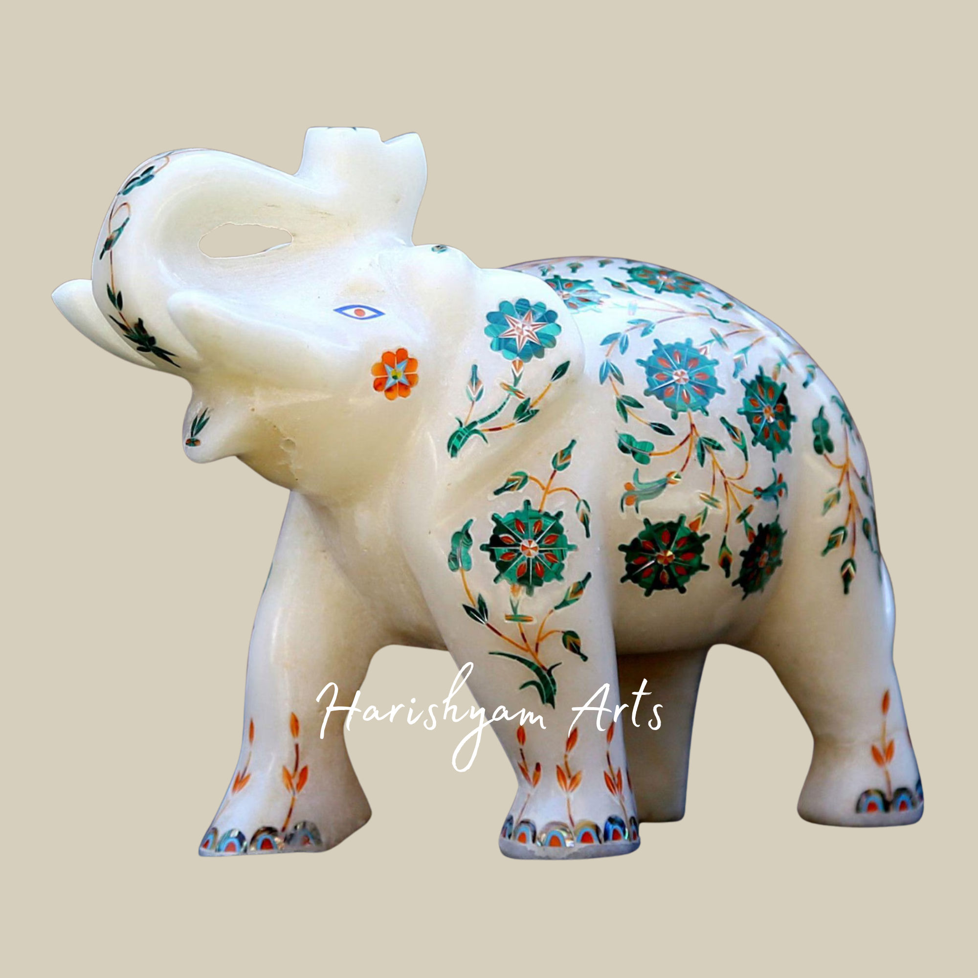 Handcrafted Marble Elephant Figurine with Floral Inlay Design3