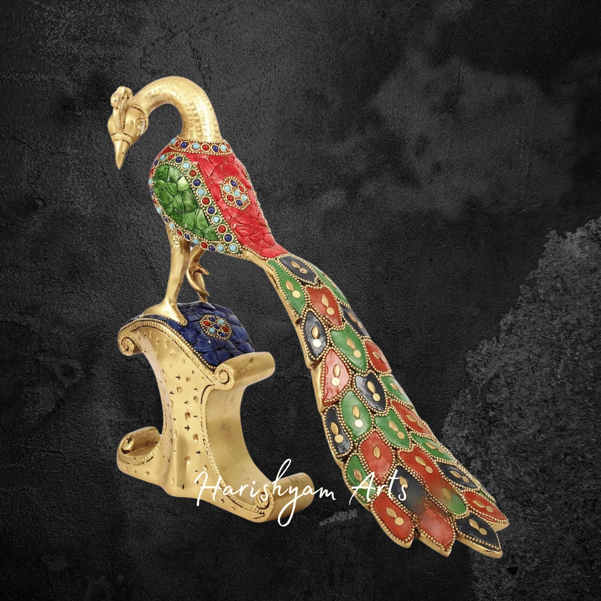 Handcrafted Solid Brass Peacock Figurine with Intricate Stone Detailing