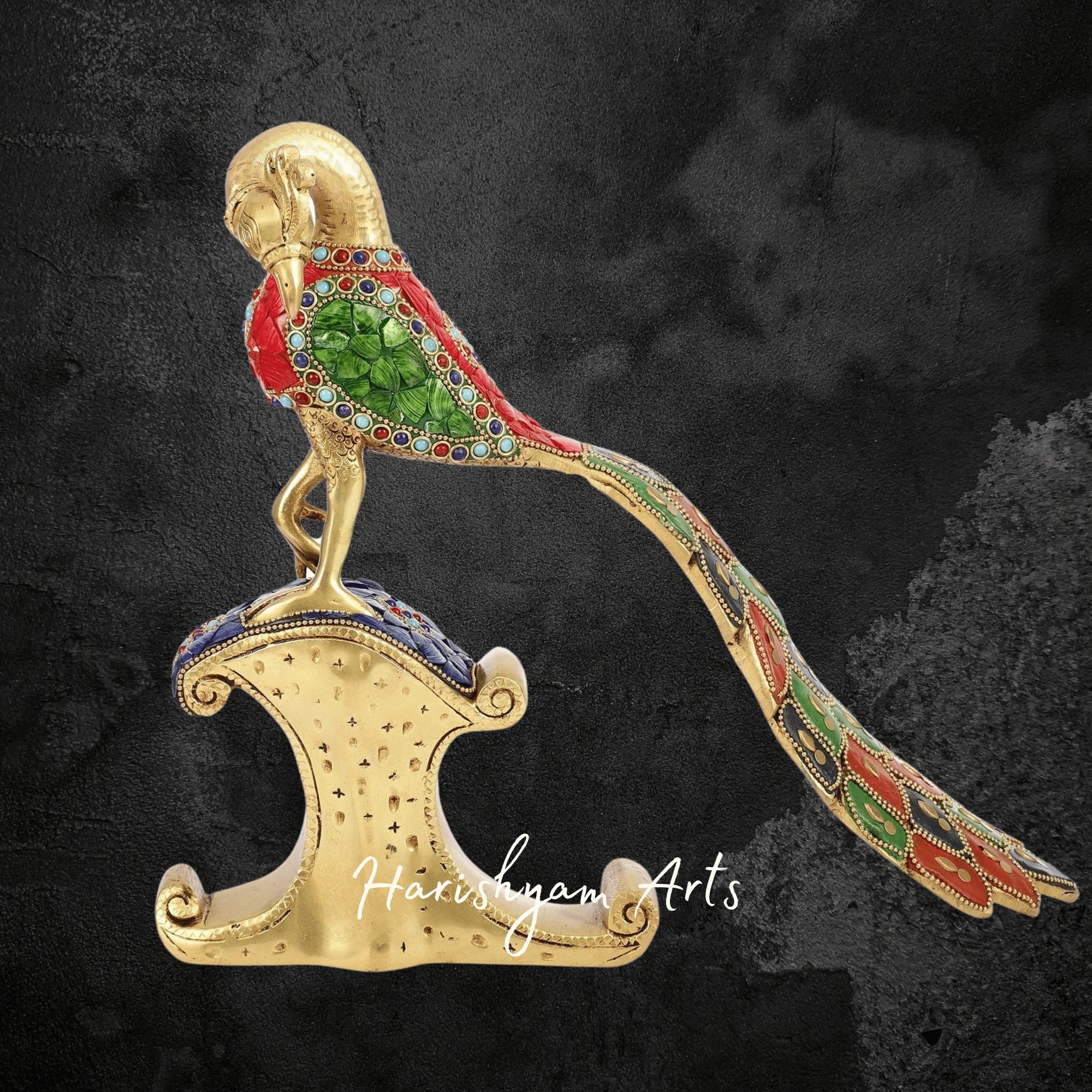 Handcrafted Solid Brass Peacock Figurine with Intricate Stone Detailing