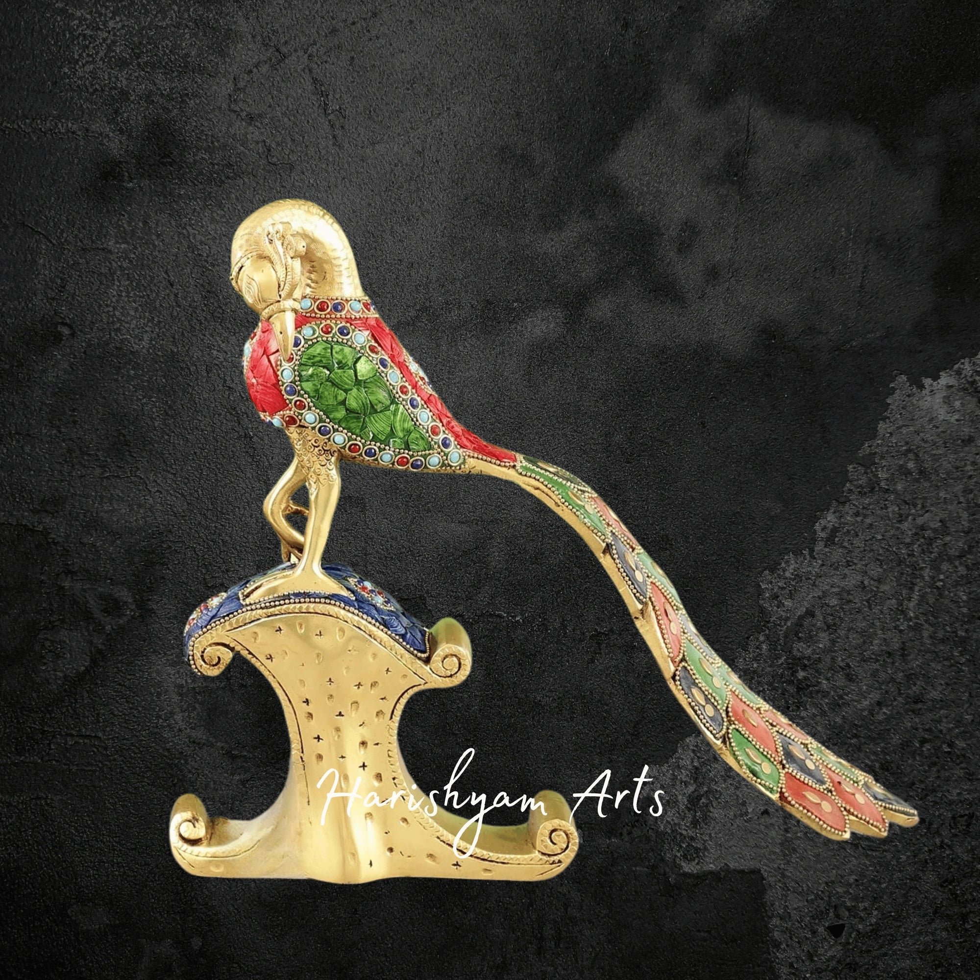 Handcrafted Solid Brass Peacock Figurine with Intricate Stone Detailing