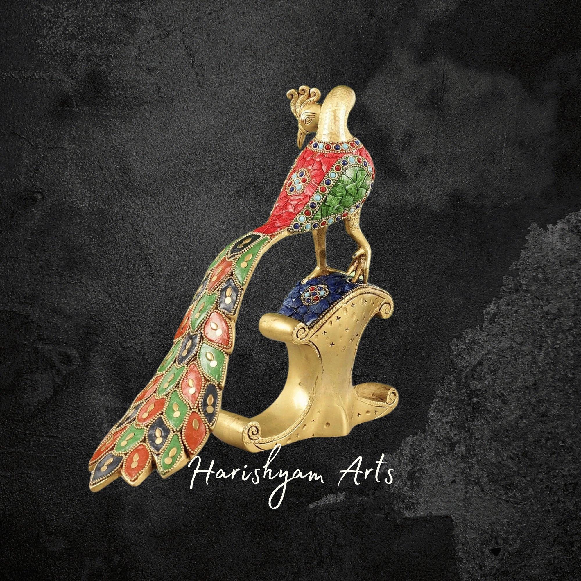 Handcrafted Solid Brass Peacock Figurine with Intricate Stone Detailing