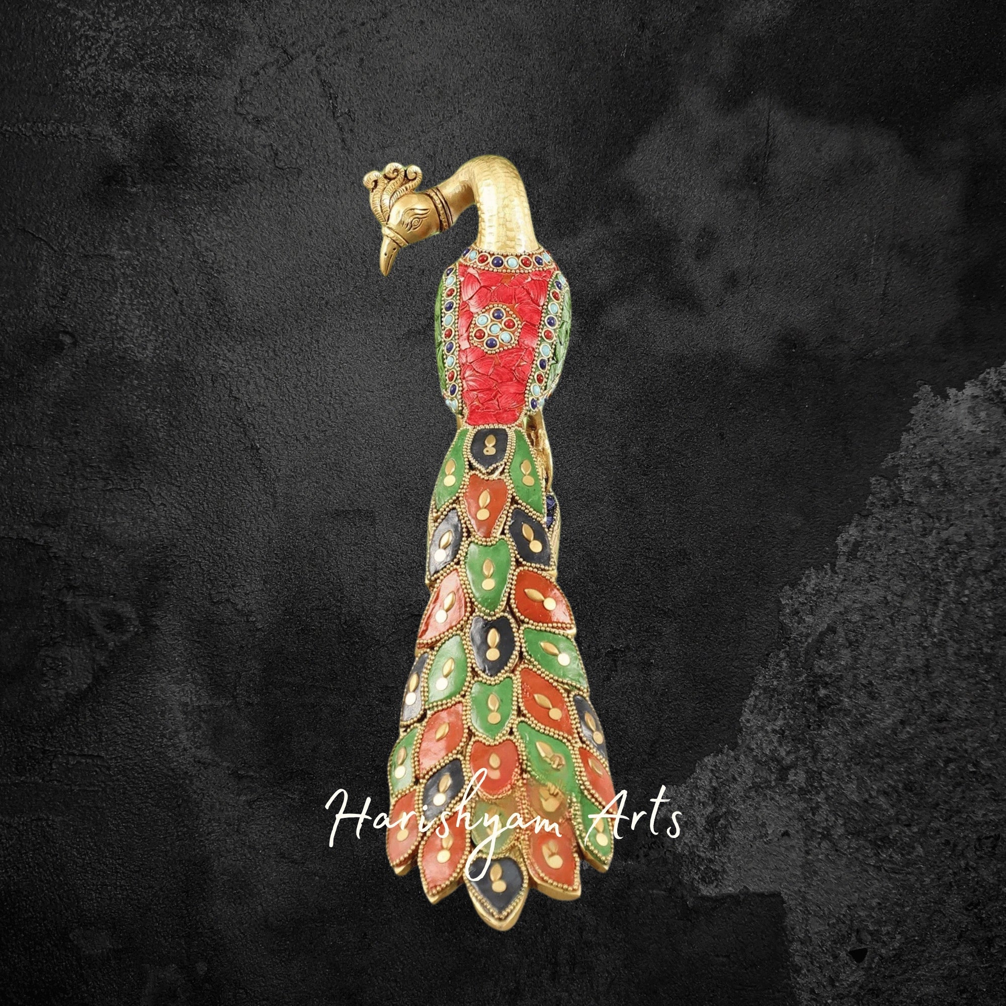Handcrafted Solid Brass Peacock Figurine with Intricate Stone Detailing