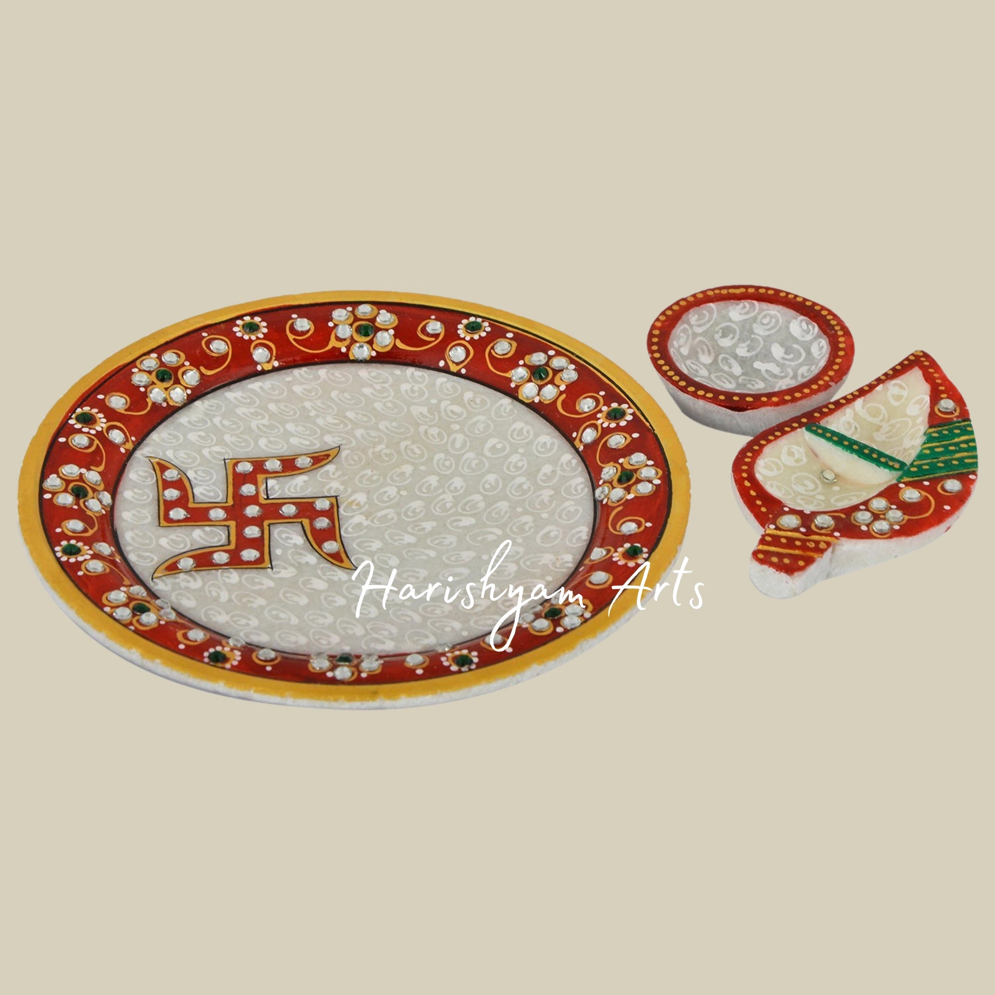 Marble Puja Plate Set with Krishna Design for Home and Temple Use2