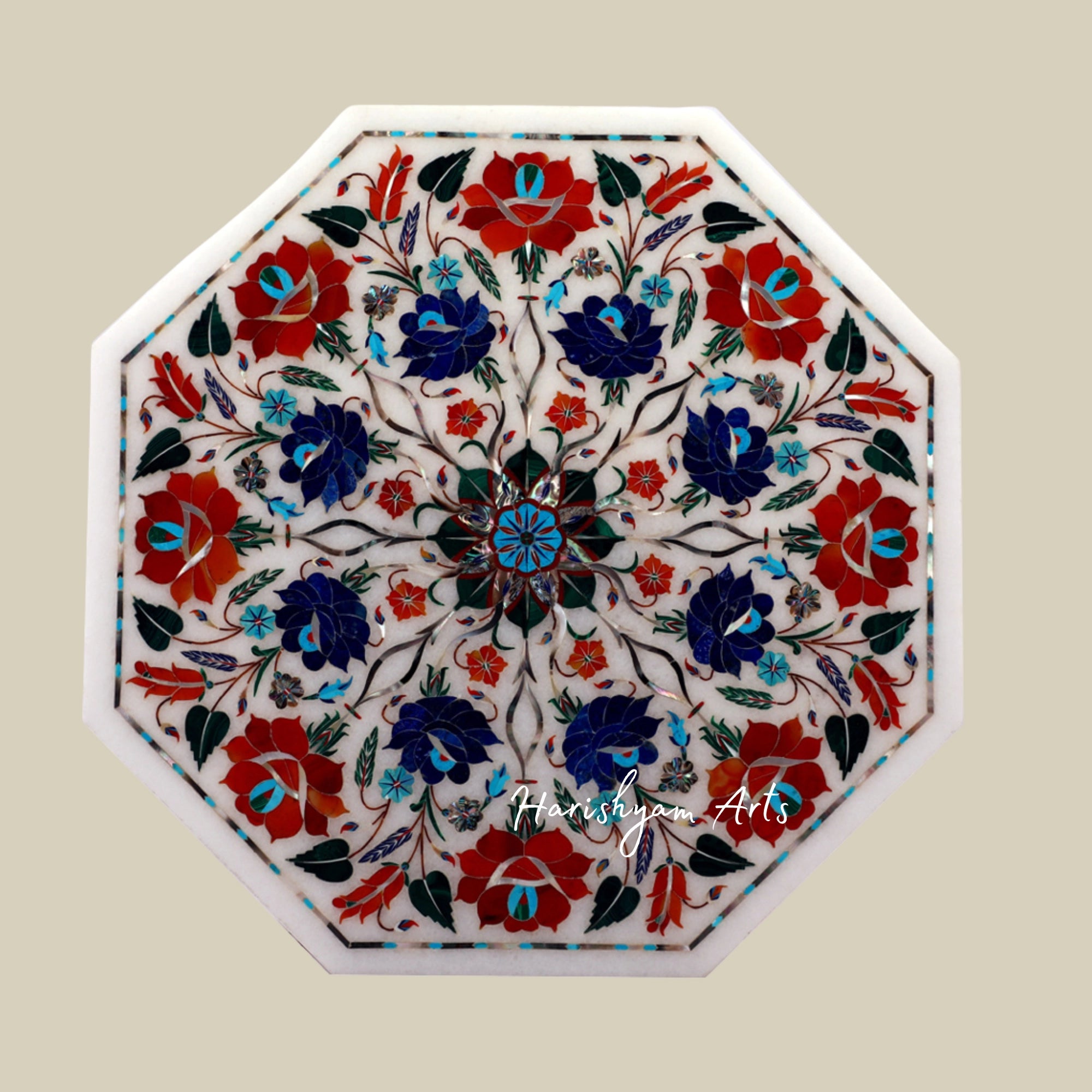 Handmade Octagonal White Marble Box with Gemstone Inlay for Jewelry Storage2