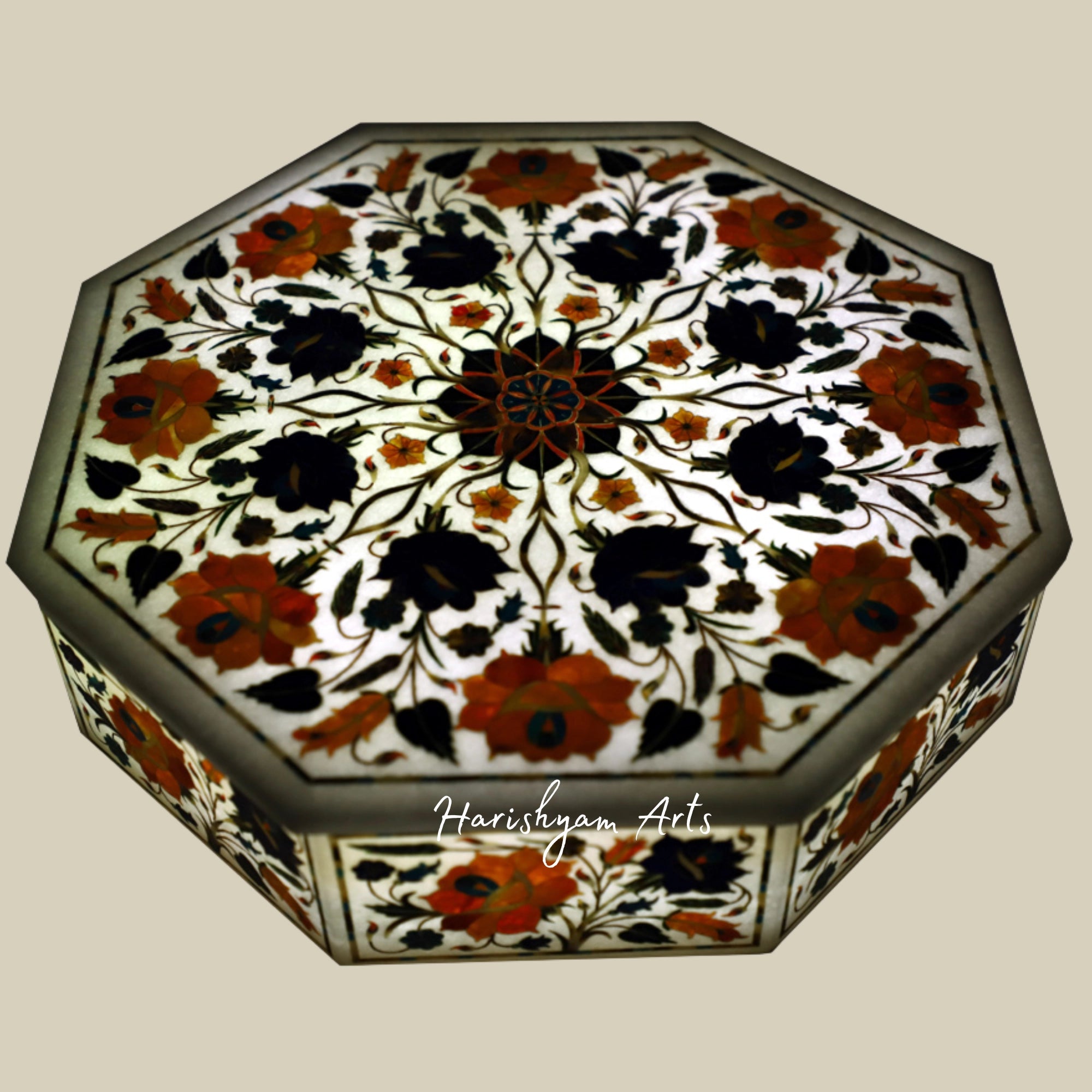 Handmade Octagonal White Marble Box with Gemstone Inlay for Jewelry Storage4