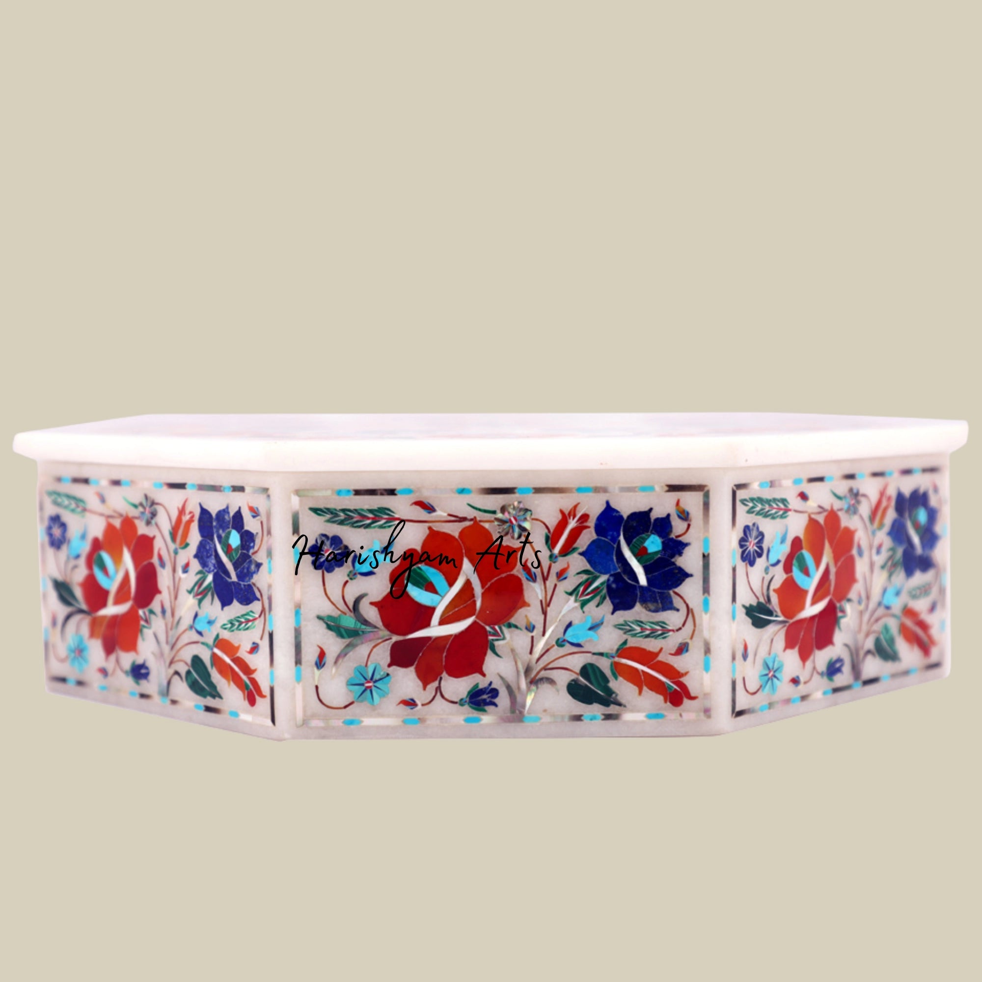 Handmade Octagonal White Marble Box with Gemstone Inlay for Jewelry Storage4