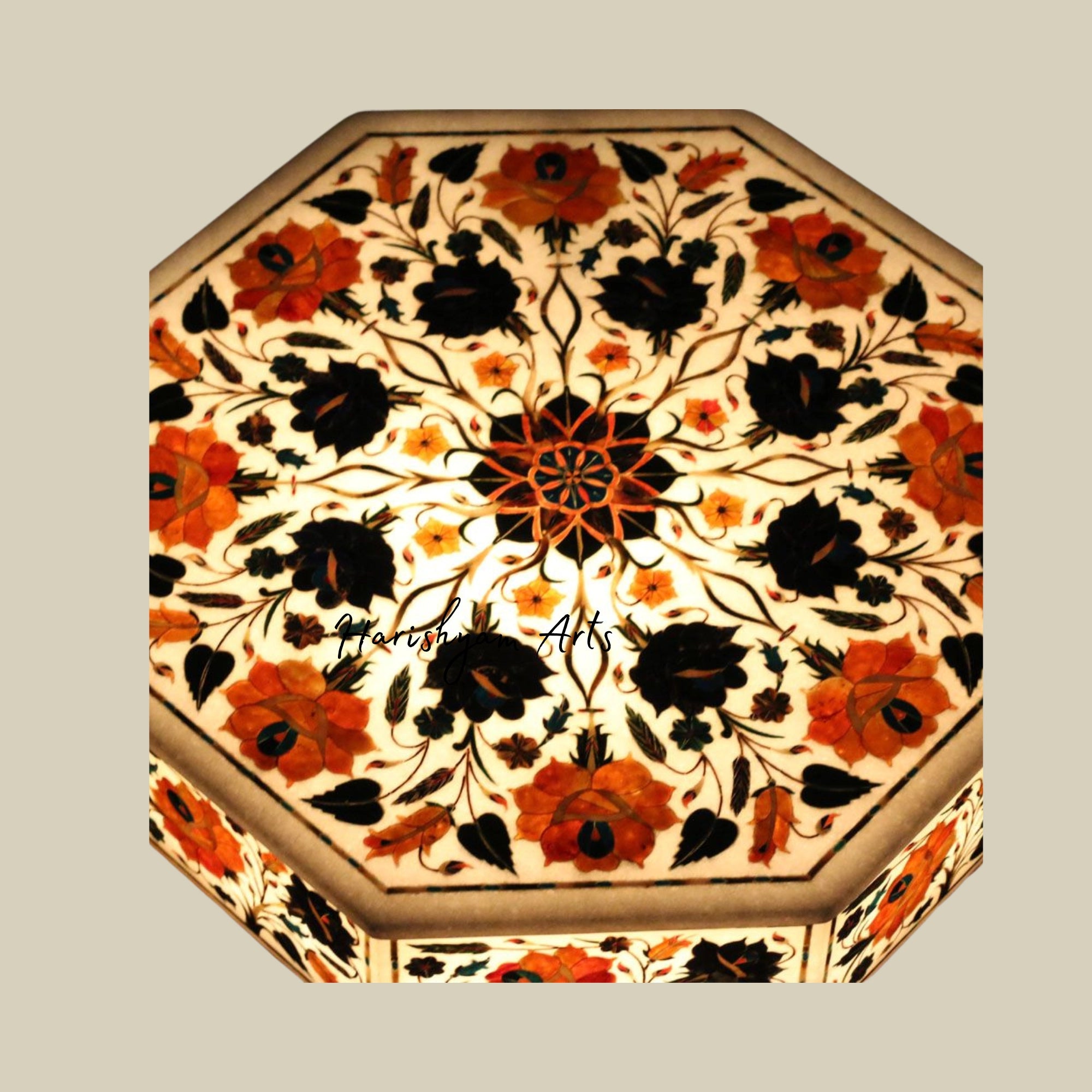 Handmade Octagonal White Marble Box with Gemstone Inlay for Jewelry Storage4
