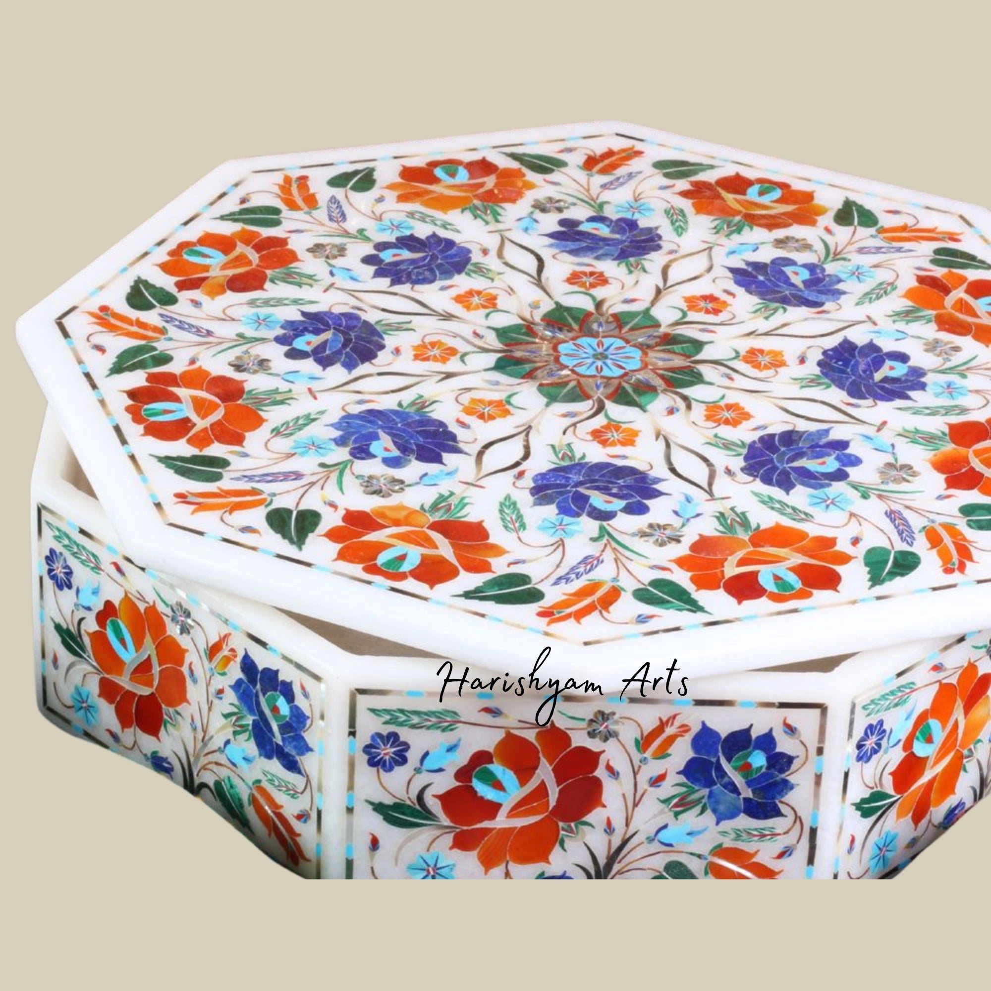 Handmade Octagonal White Marble Box with Gemstone Inlay for Jewelry Storage5