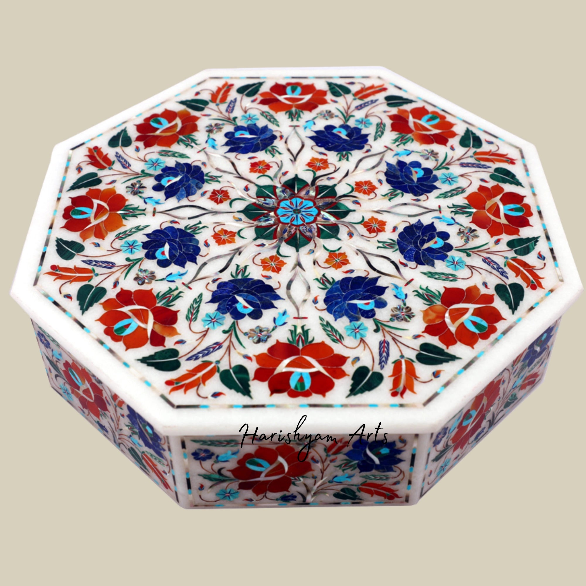 Handmade Octagonal White Marble Box with Gemstone Inlay for Jewelry Storage6
