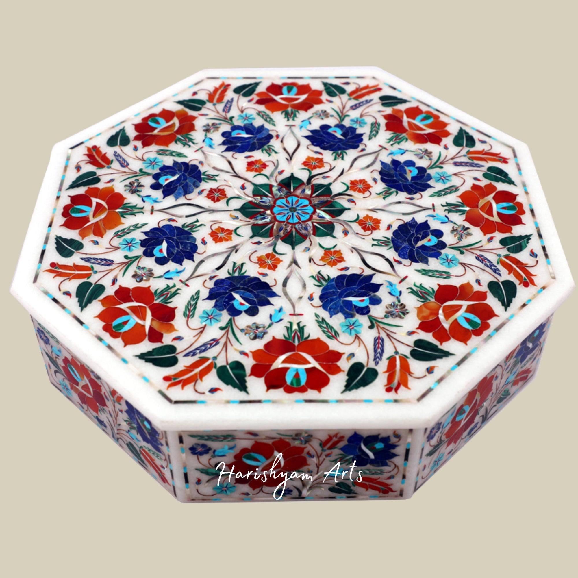 Handmade Octagonal White Marble Box with Gemstone Inlay for Jewelry Storage