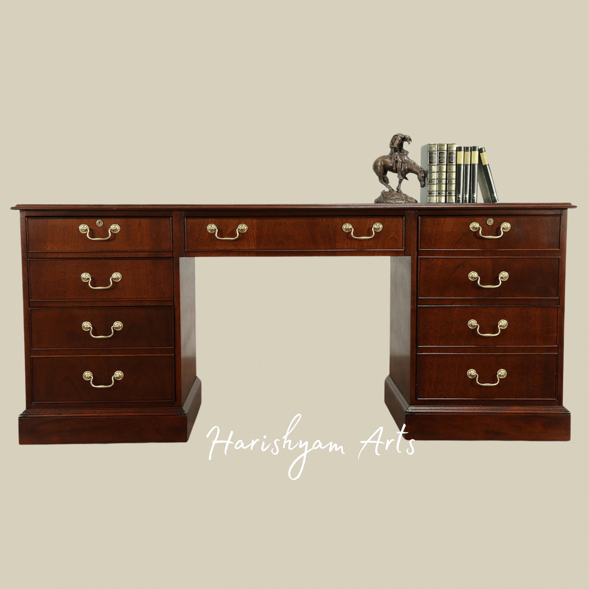 Heritage Style Wooden Executive Desk with Handcrafted Finish and Functional Storage Drawers1