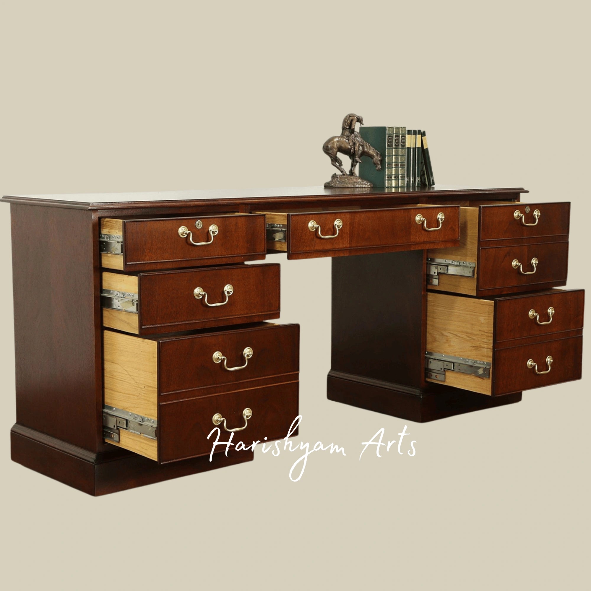 Heritage Style Wooden Executive Desk with Handcrafted Finish and Functional Storage Drawers2
