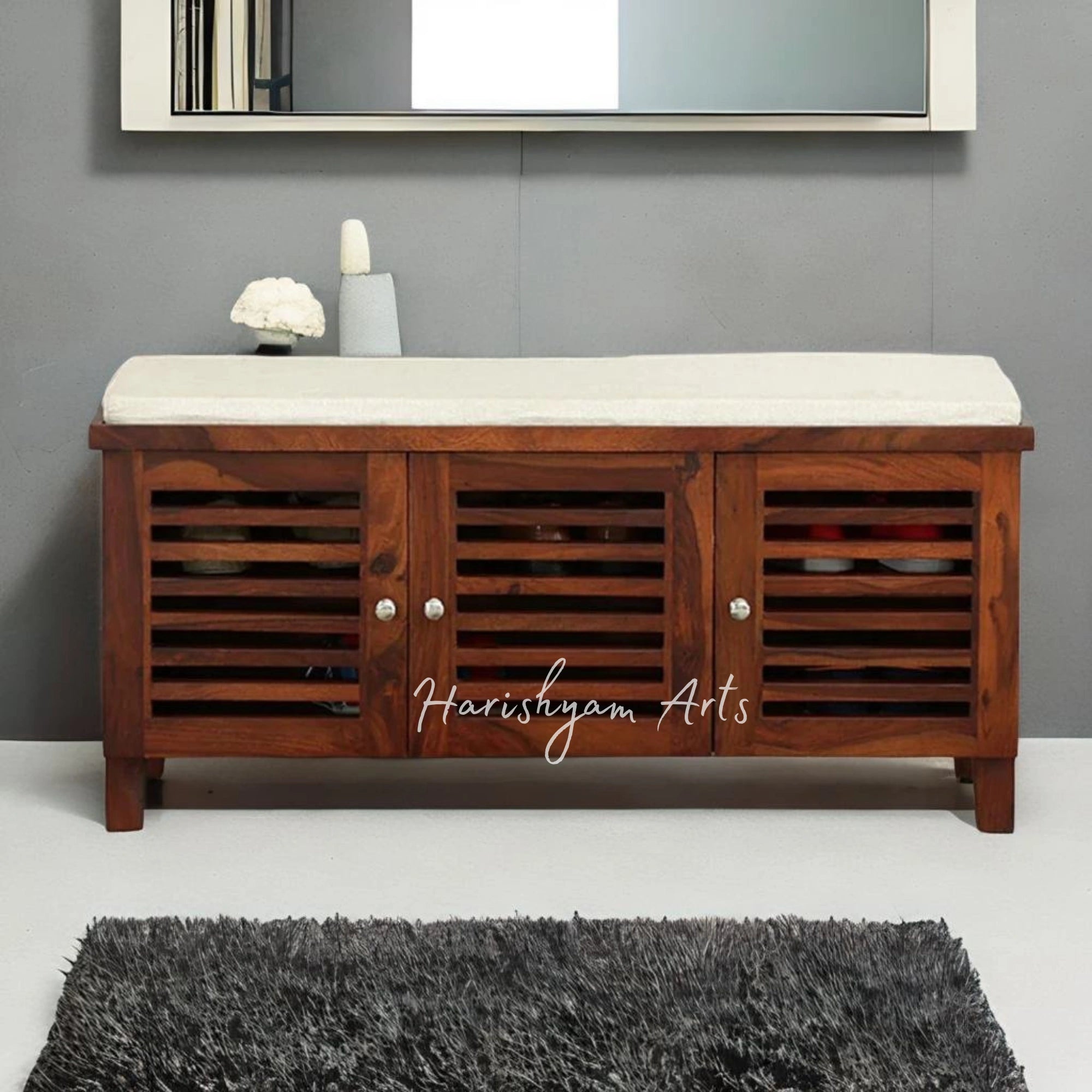 Honey Oak Finish Wooden Shoe Rack with Seating & Ample Storage2