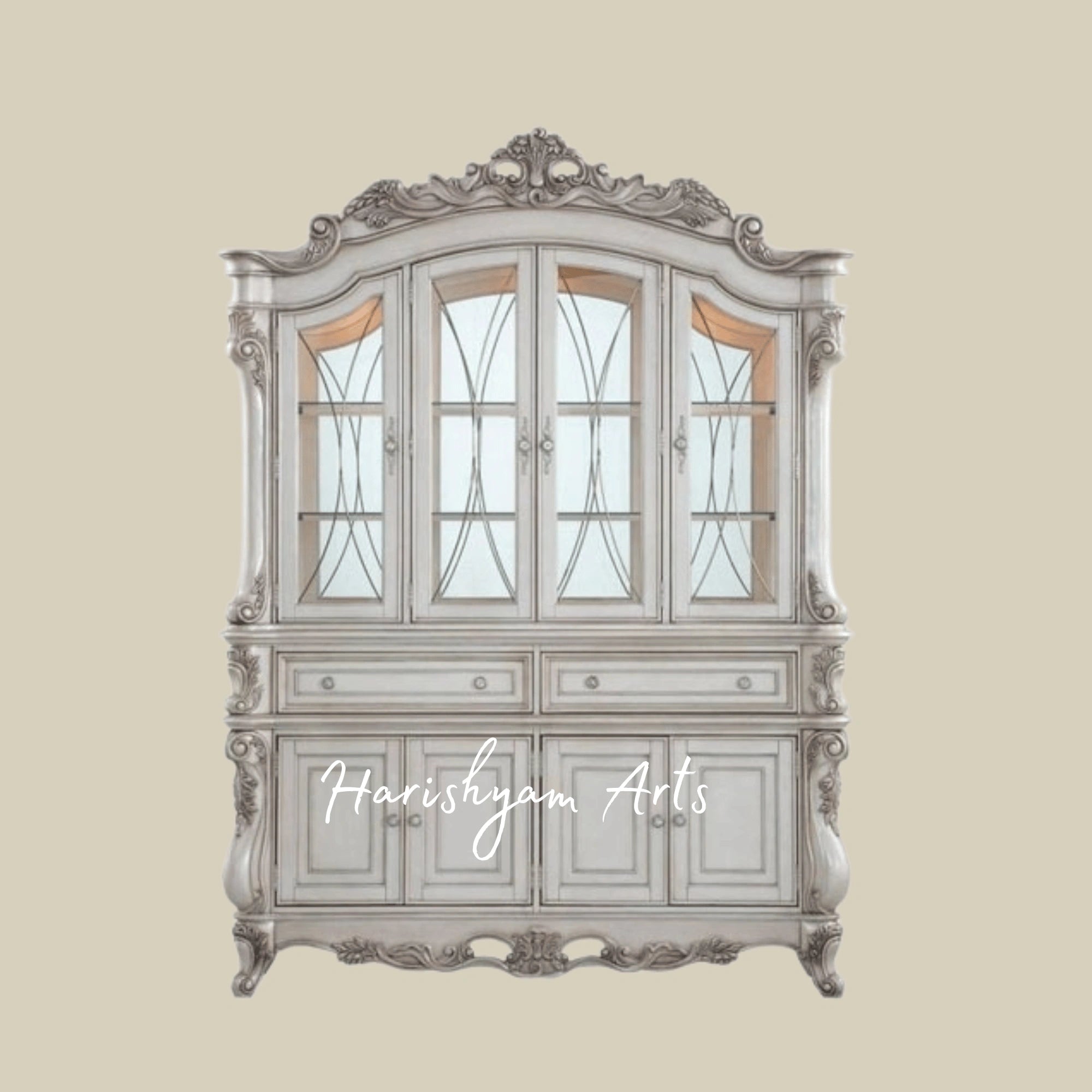 Imperial Classic Crockery Showcase Almirah in Antique White Finish with Decorative Woodwork and Glass Display Windows