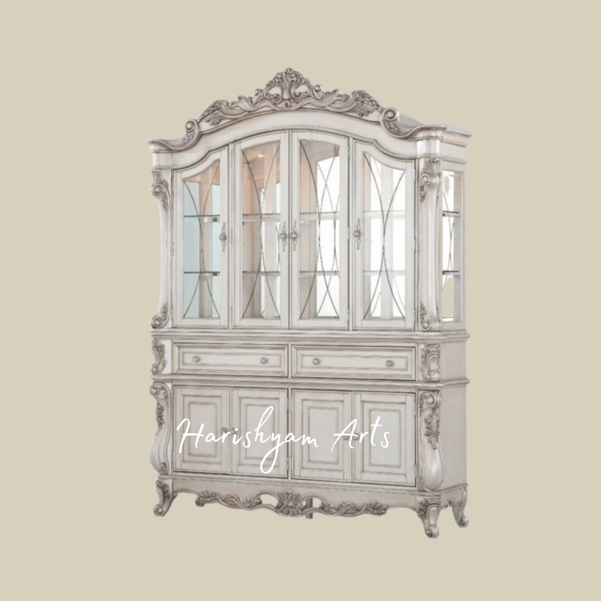 Imperial Classic Crockery Showcase Almirah in Antique White Finish with Decorative Woodwork and Glass Display Windows2