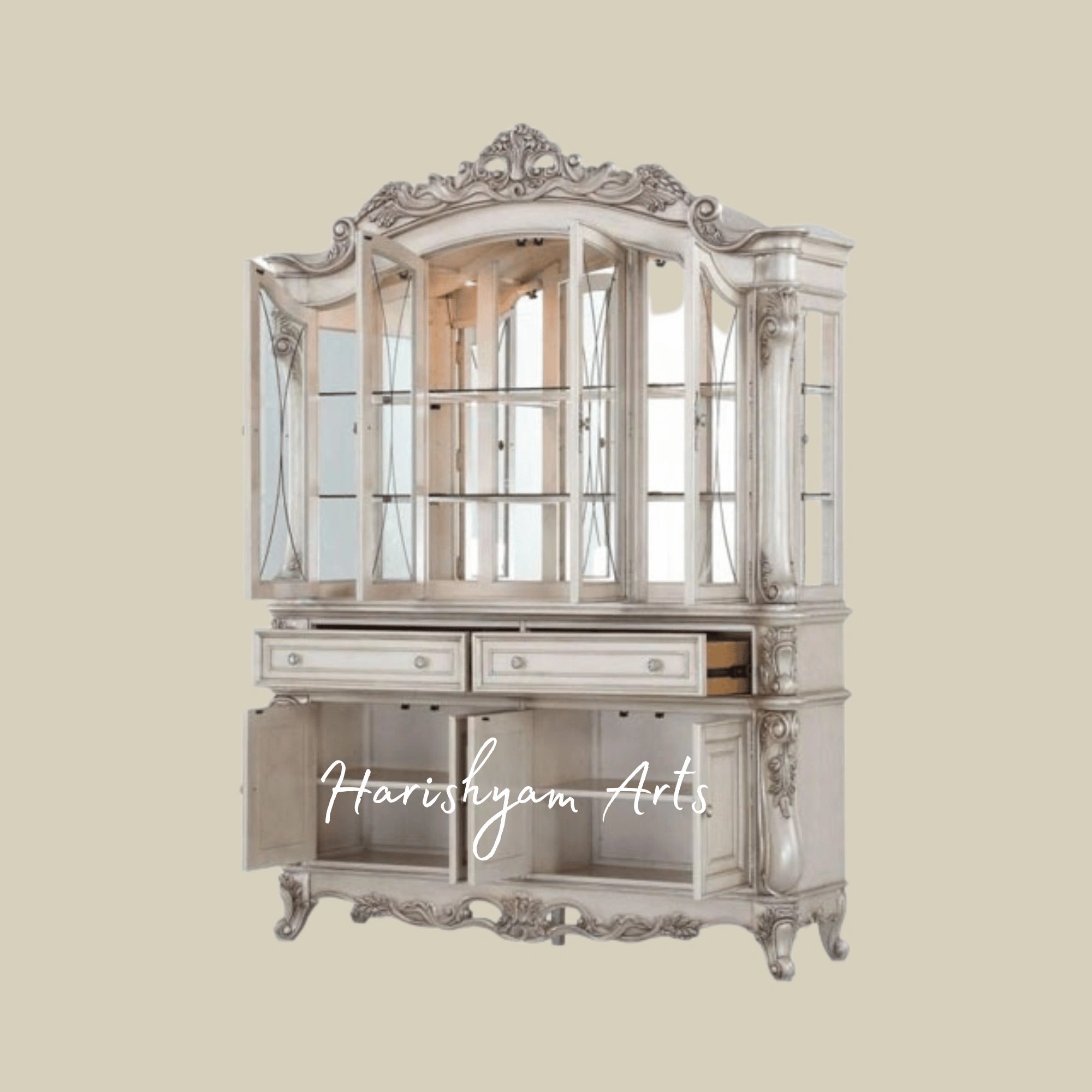 Imperial Classic Crockery Showcase Almirah in Antique White Finish with Decorative Woodwork and Glass Display Windows3