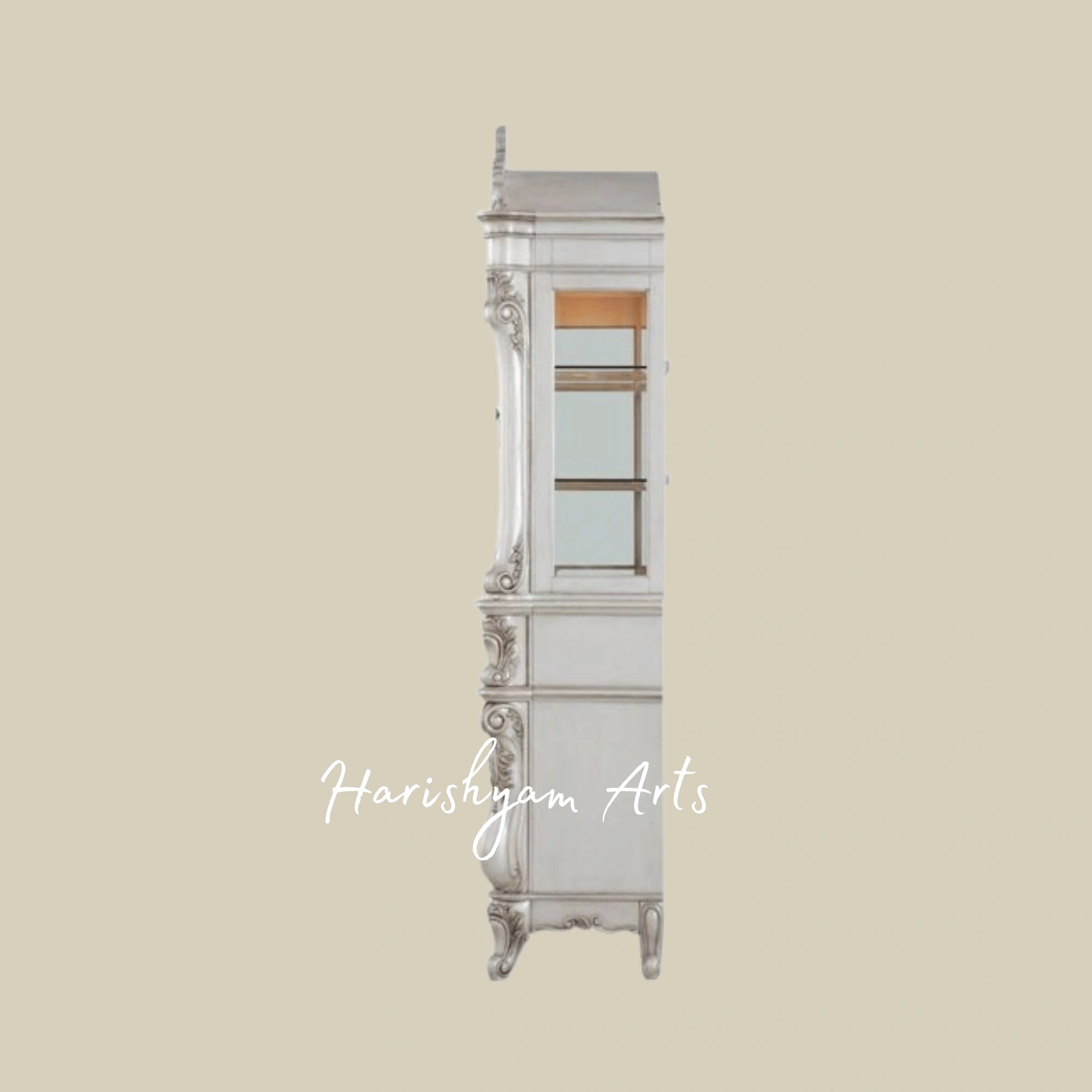 Imperial Classic Crockery Showcase Almirah in Antique White Finish with Decorative Woodwork and Glass Display Windows4