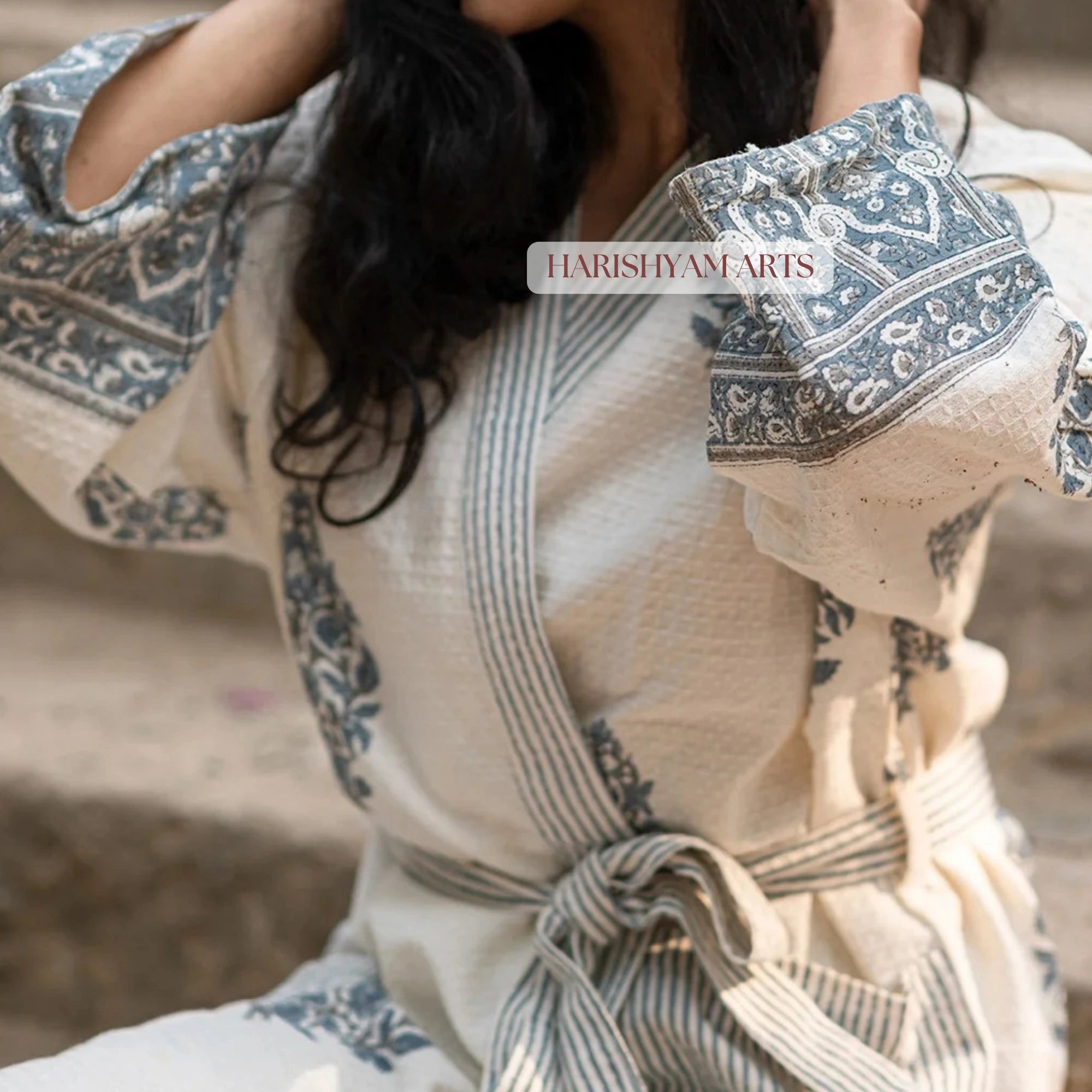 Indigo Charm Traditional Handblock Cotton Bathrobe