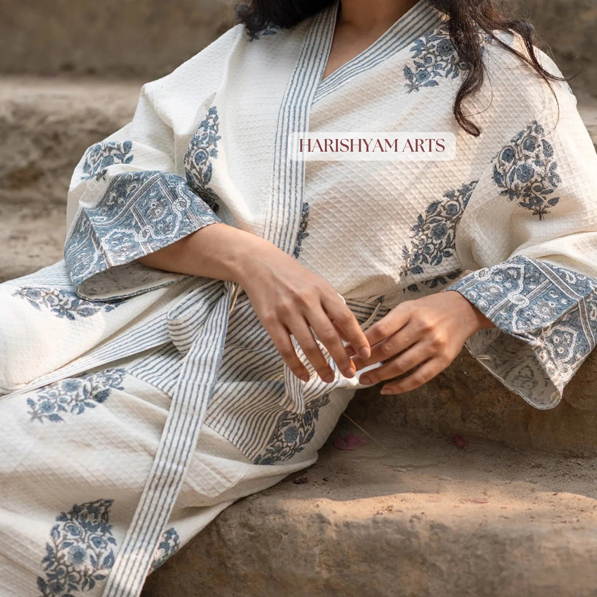 Indigo Charm Traditional Handblock Cotton Bathrobe
