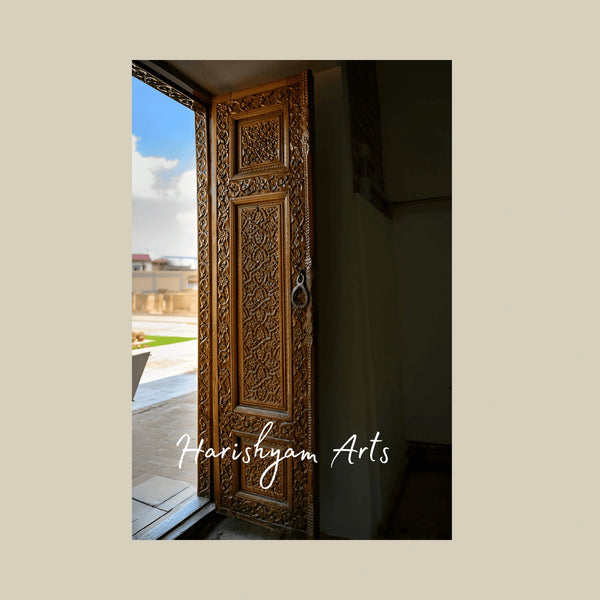 Intricate Heritage Carved Door – Handcrafted Solid Teak Single Main Entrance with Detailed Floral & Geometric Motifs, Vintage Palace Wooden Door