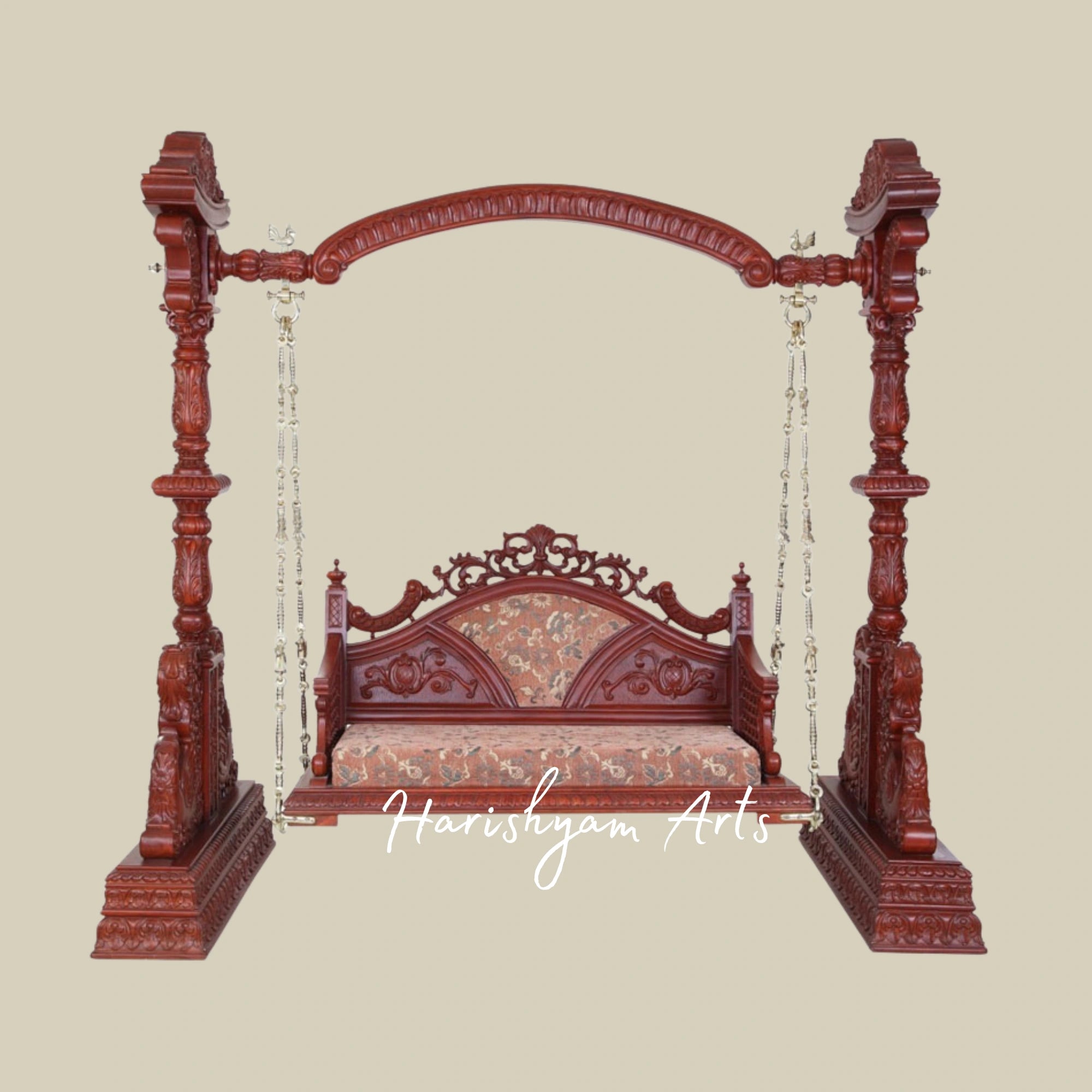 Intricately Carved Wooden Swing Seat with Designer Backrest