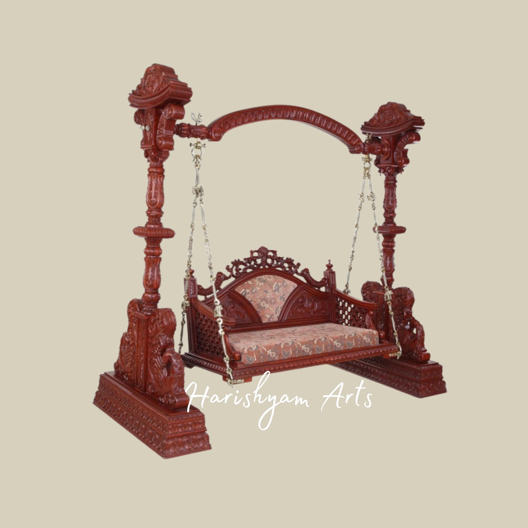Intricately Carved Wooden Swing Seat with Designer Backrest