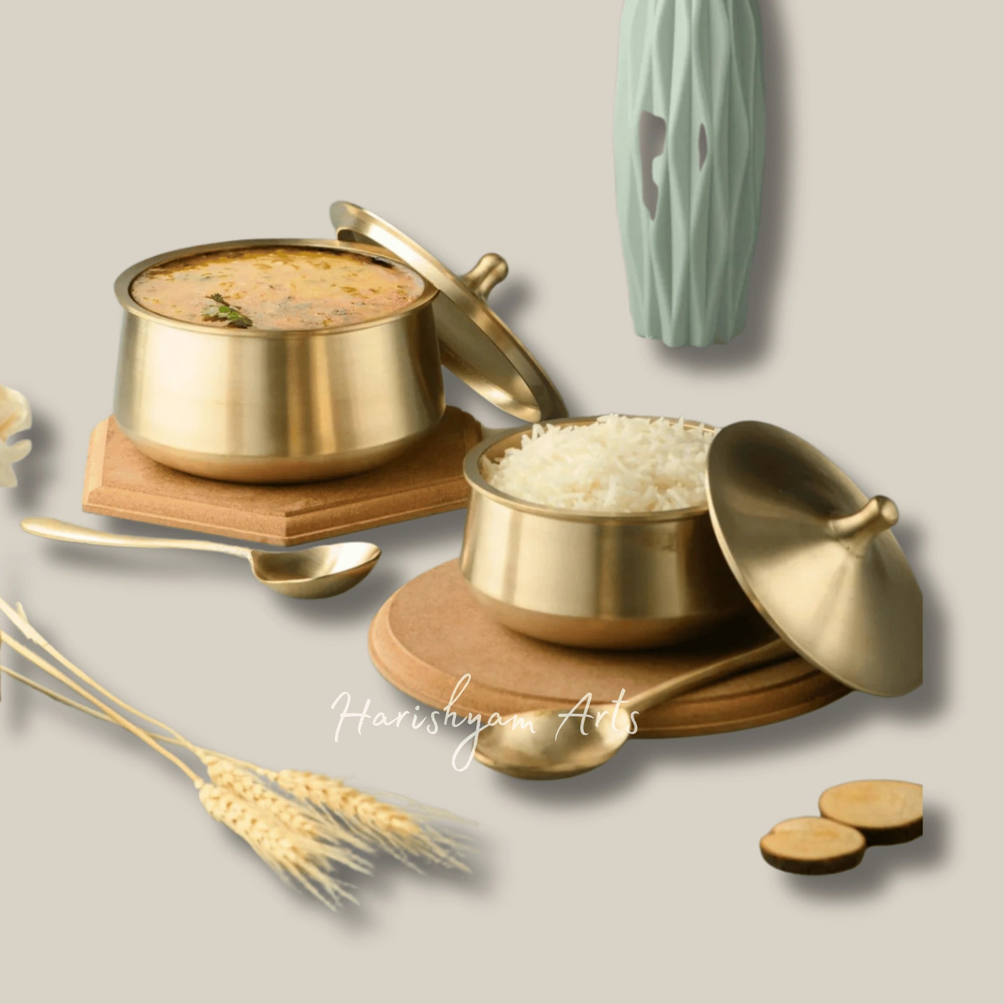 Kansa Serving Bowl Set with Lid & Laddle for Traditional Indian Meals and Festive Serveware