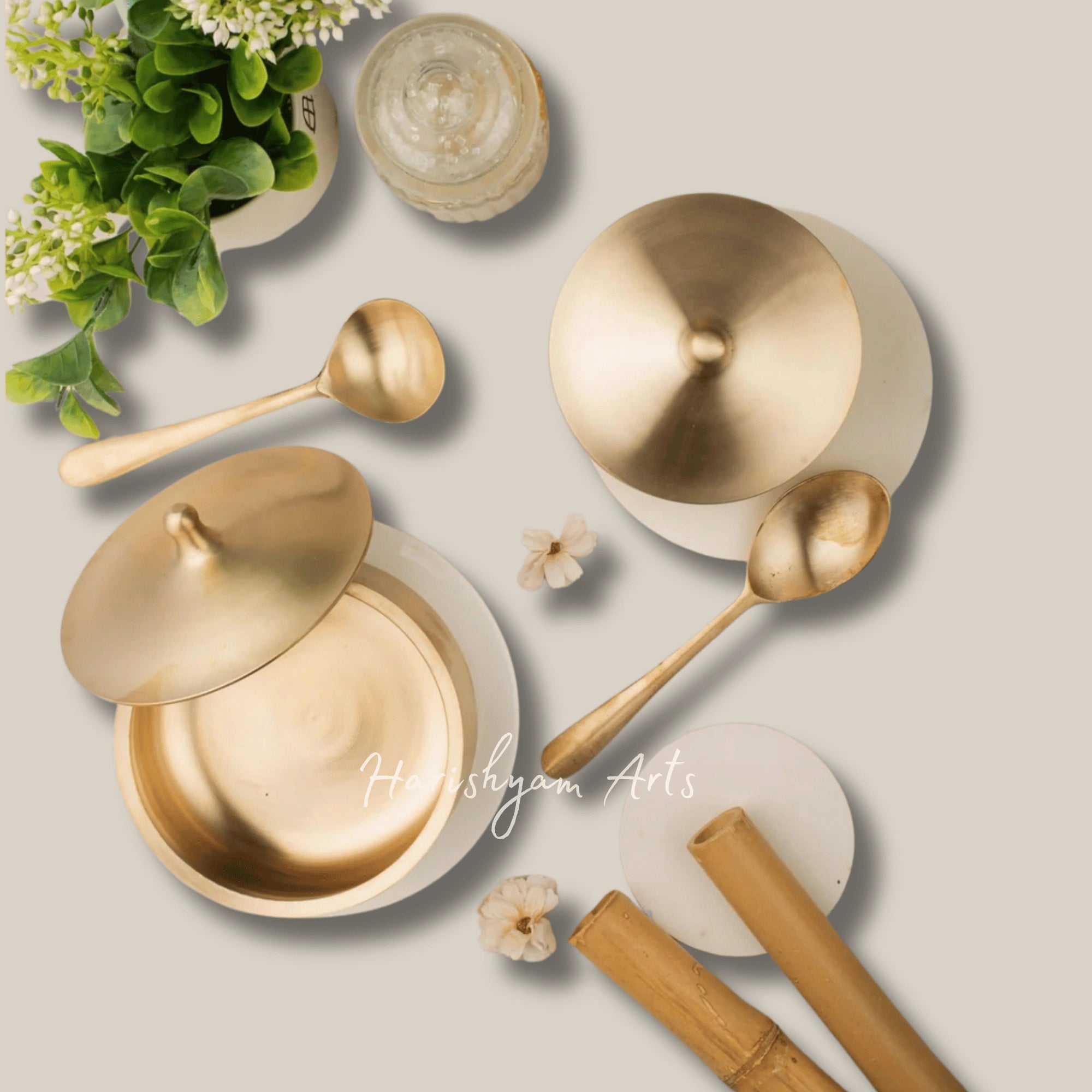 Kansa Serving Bowl Set with Lid & Laddle for Traditional Indian Meals and Festive Serveware