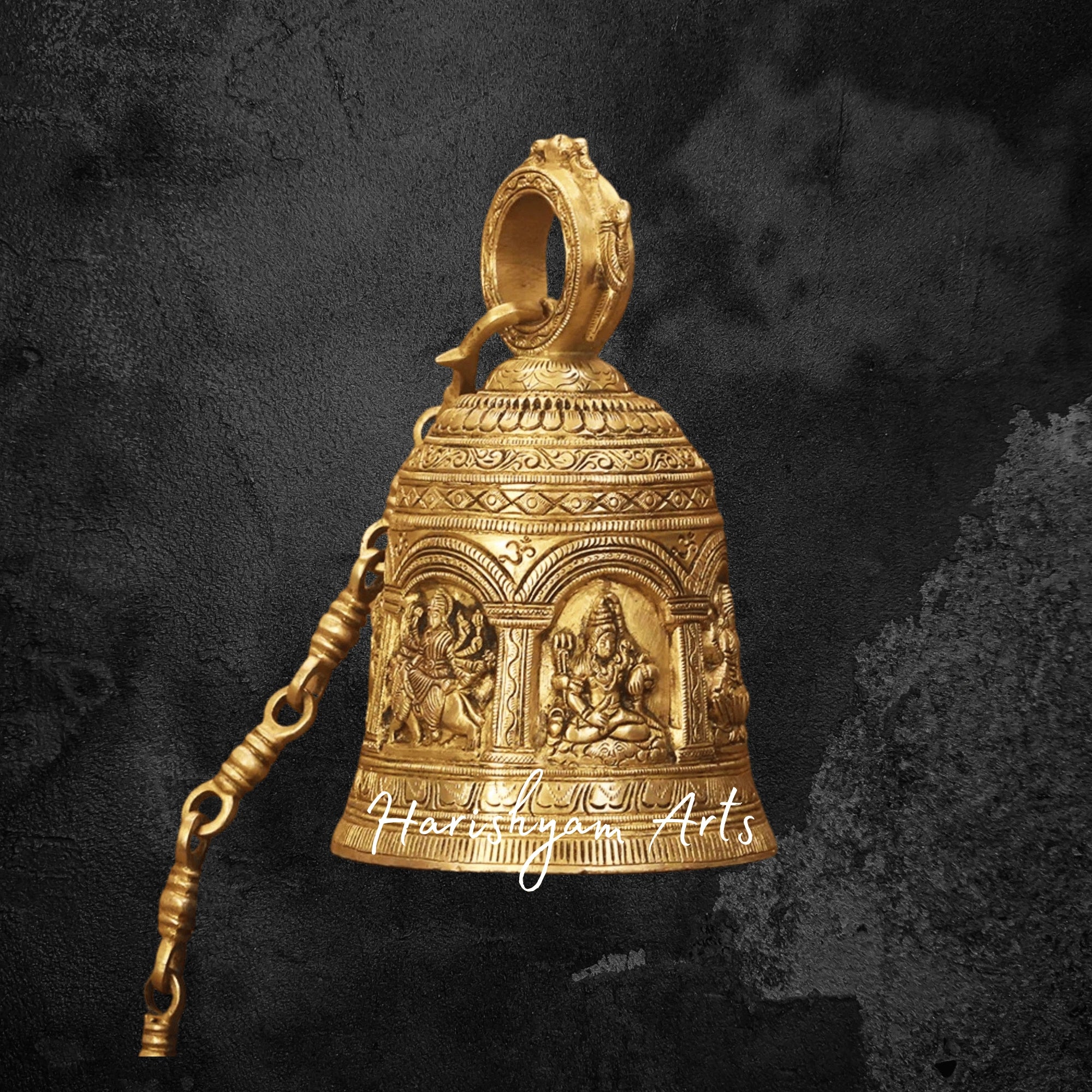 Large Brass Temple Bell with Engraved Hindu Deity Figures2