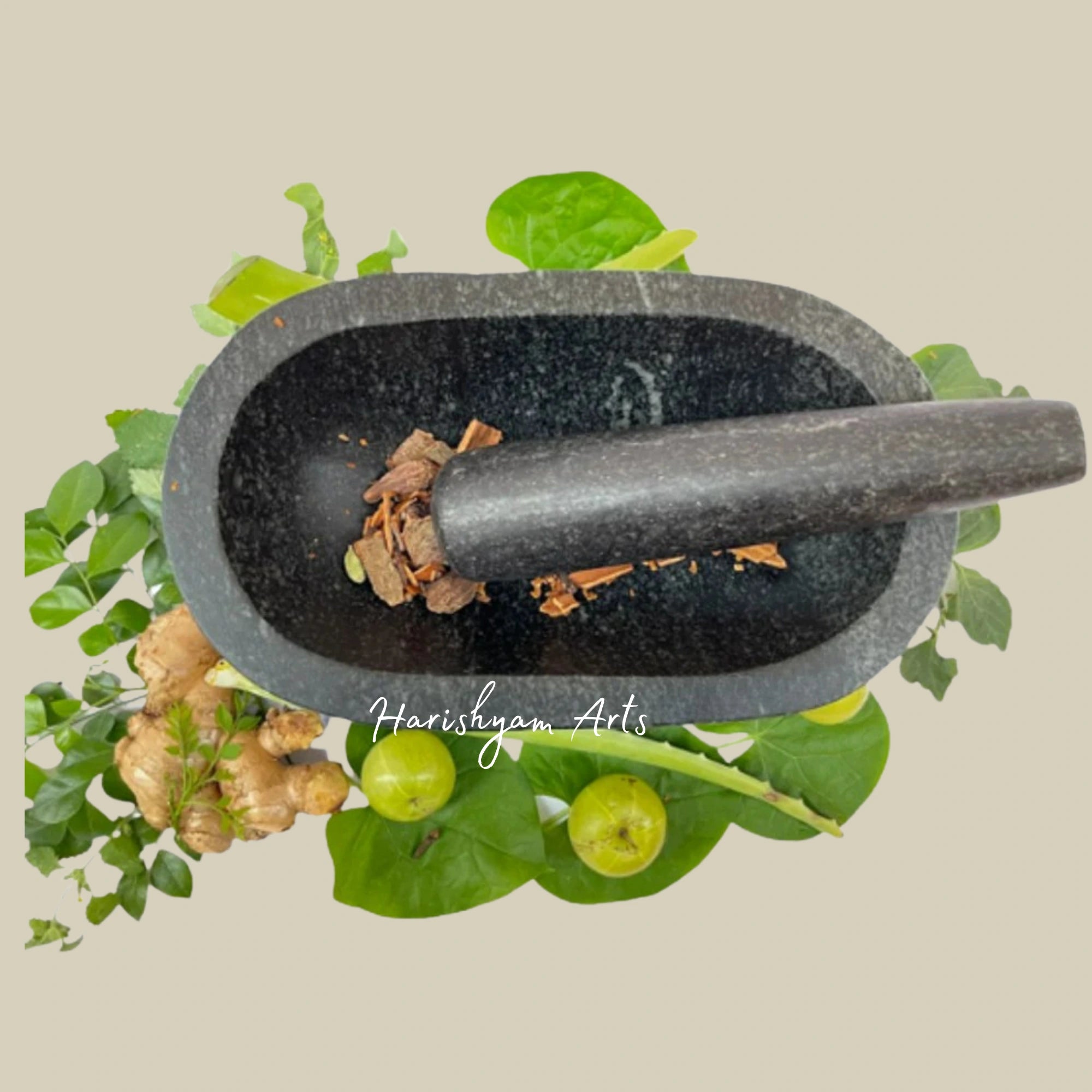 Large Capsule-Shaped Stone Mortar & Pestle