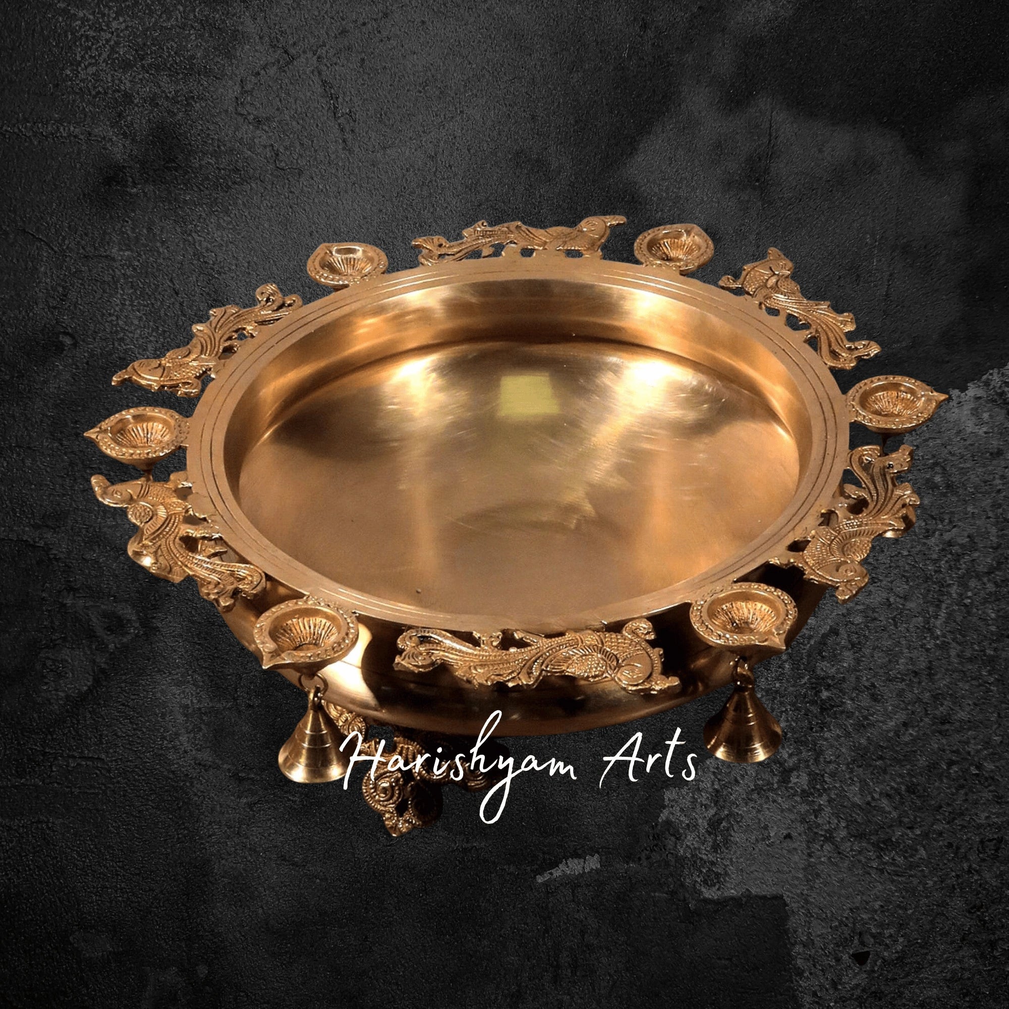 Large Round Peacock Brass Urli with Diyas and Temple Bells for Entryway Décor