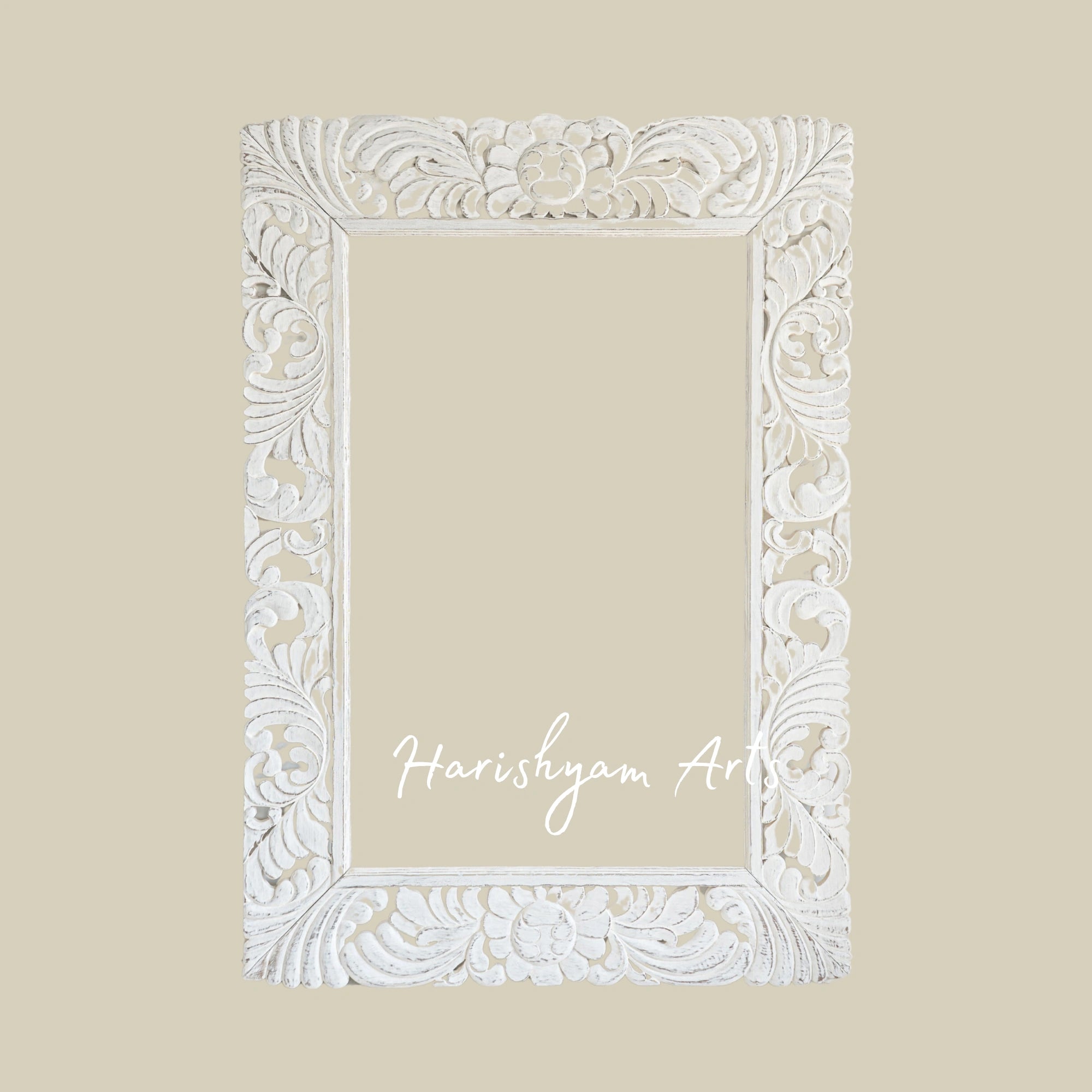 Large Teak Wood Dressing Mirror Frame in White Finish
