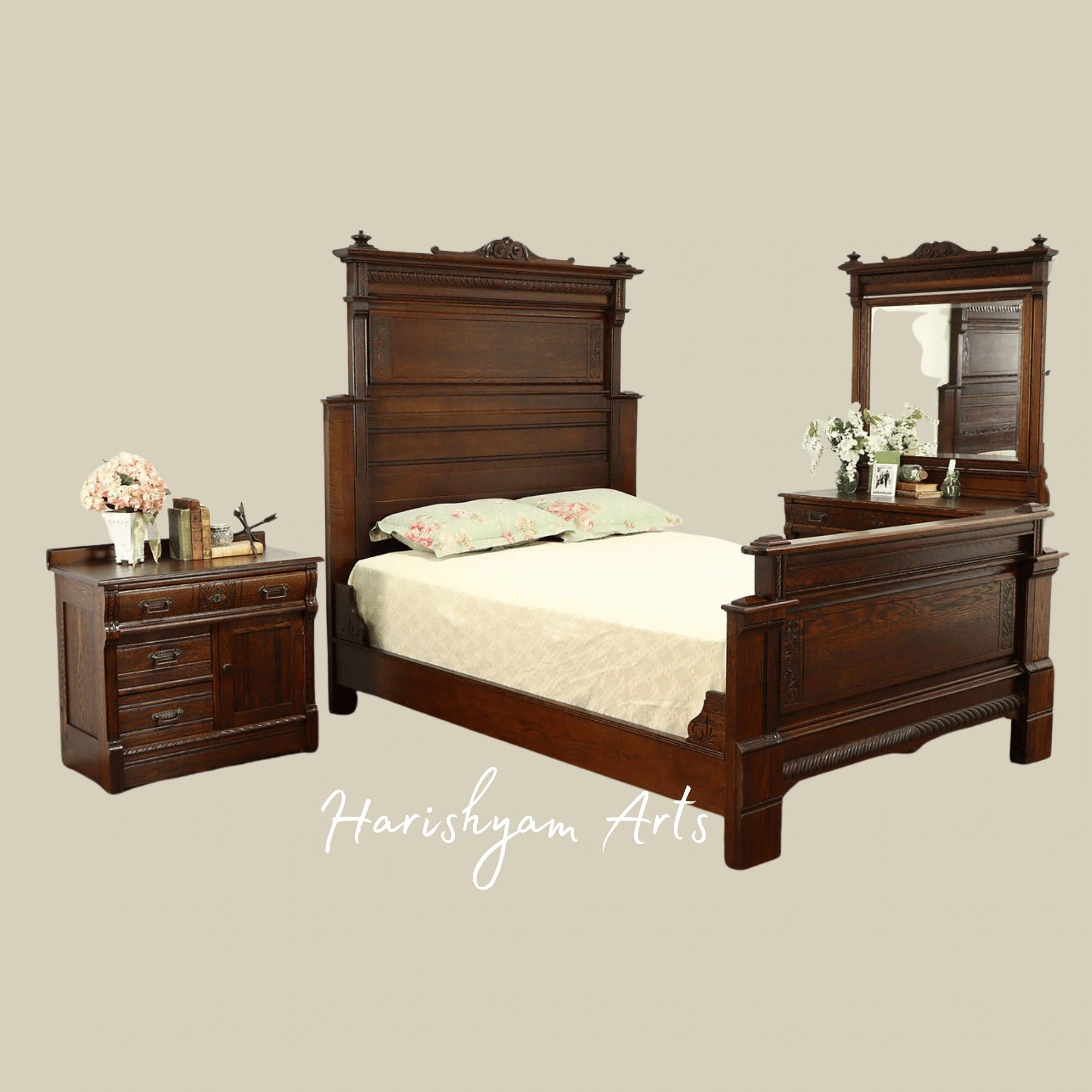 Luxury Antique Teak Wood Bedroom Set Classic Victorian Bed with Matching Pieces