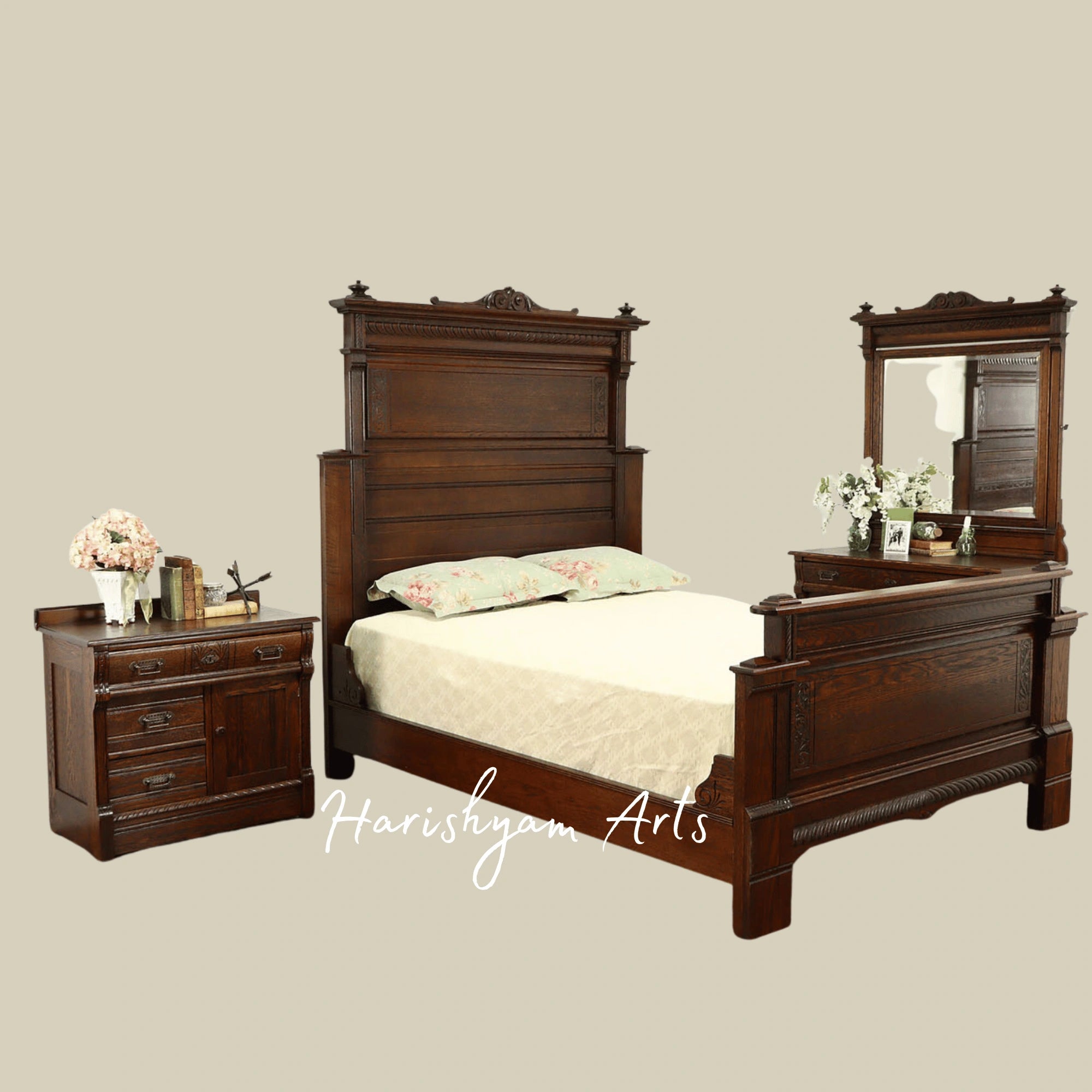 Luxury Antique Teak Wood Bedroom Set Classic Victorian Bed with Matching Pieces