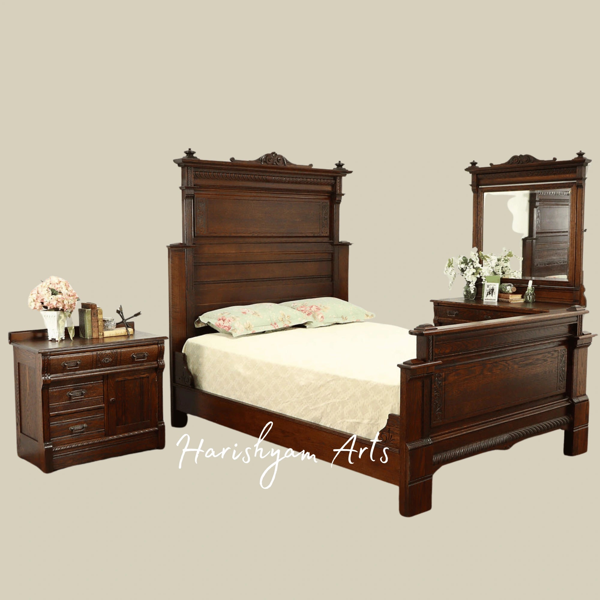 Luxury Antique Teak Wood Bedroom Set Classic Victorian Bed with Matching Pieces