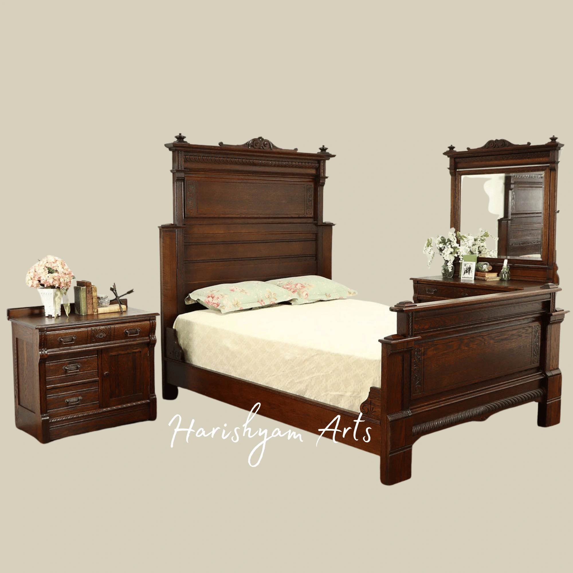 Luxury Antique Teak Wood Bedroom Set Classic Victorian Bed with Matching Pieces