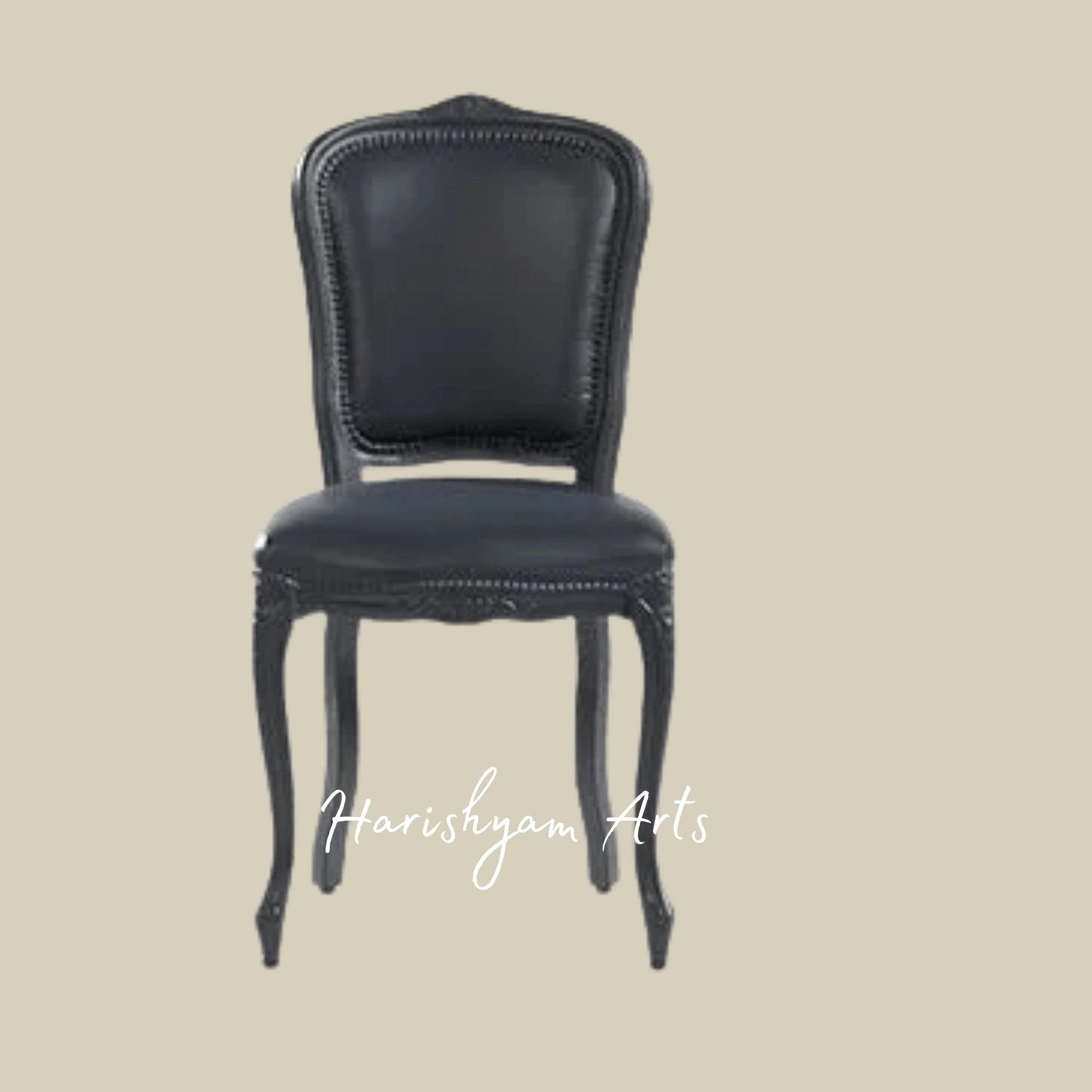 Luxury Black Leather Dining Chair with Nailhead Trim and Carved Wooden Frame