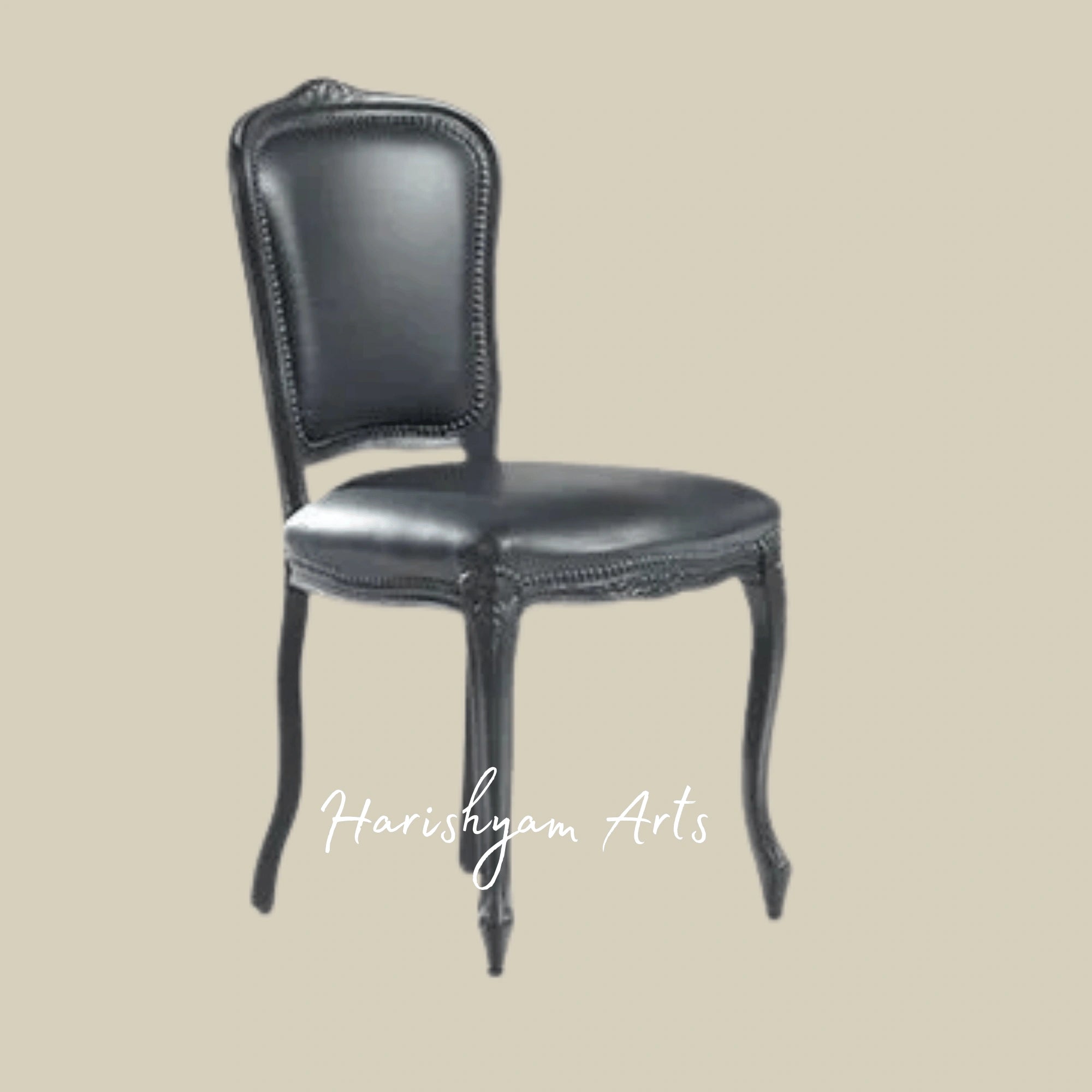 Luxury Black Leather Dining Chair with Nailhead Trim and Carved Wooden Frame