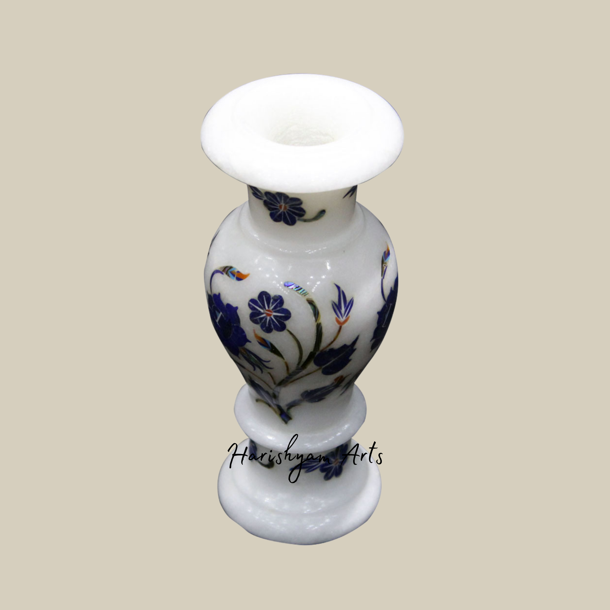 Luxury White Marble Flower Vase with Semi-Precious Stone Inlay Design