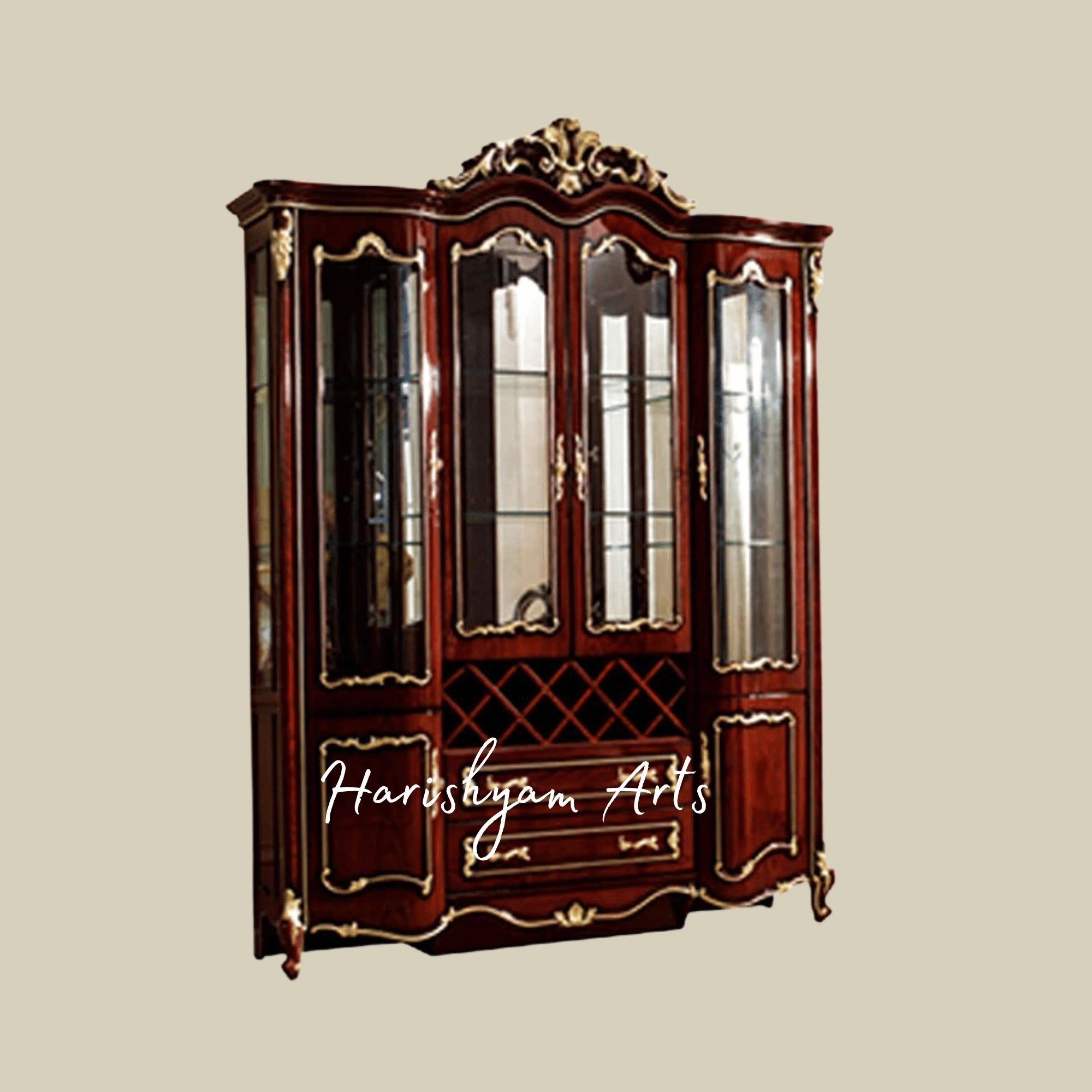 Majestic Luxury Wooden Crockery Showcase Unit with Gold Accents and Glass Doors for Dining Room3