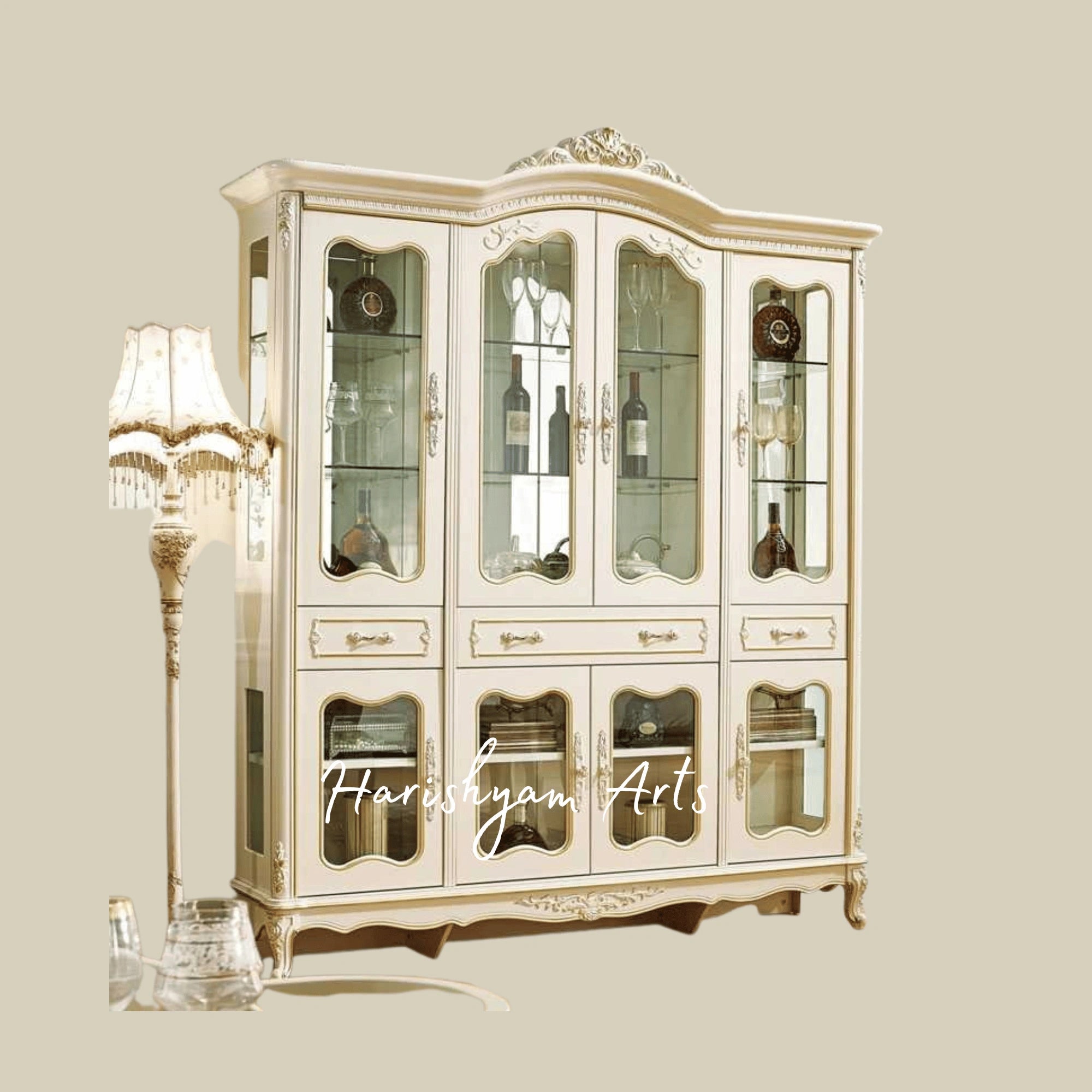 Majestic Luxury Wooden Crockery Showcase Unit with Gold Accents and Glass Doors for Dining Room4