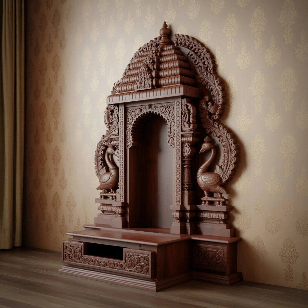 Majestic Peacock Carved Teak Wood Temple for Home