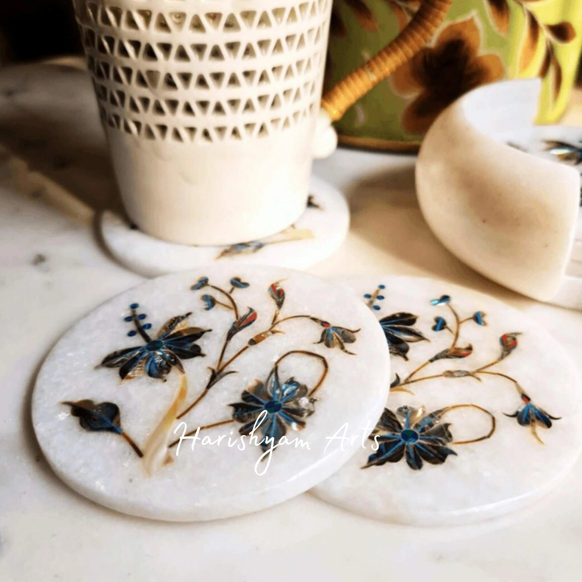 Marble Coaster Set with Mother of Pearl Inlay Elegant and Stylish Drink Coasters for Home and Office