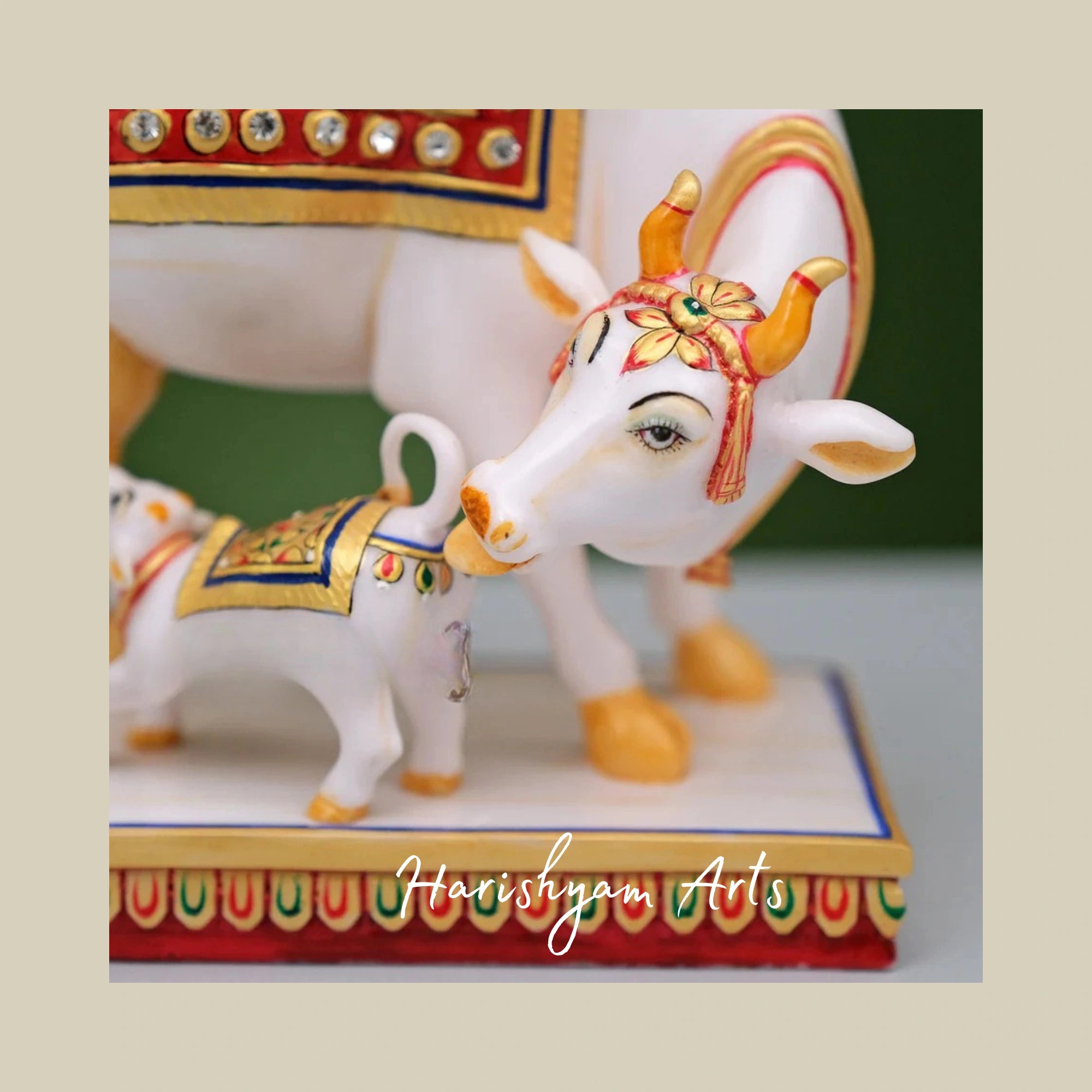 Marble Cow and Calf Sculpture Traditional Minakari Painted Kamdhenu Statue for Puja Room2