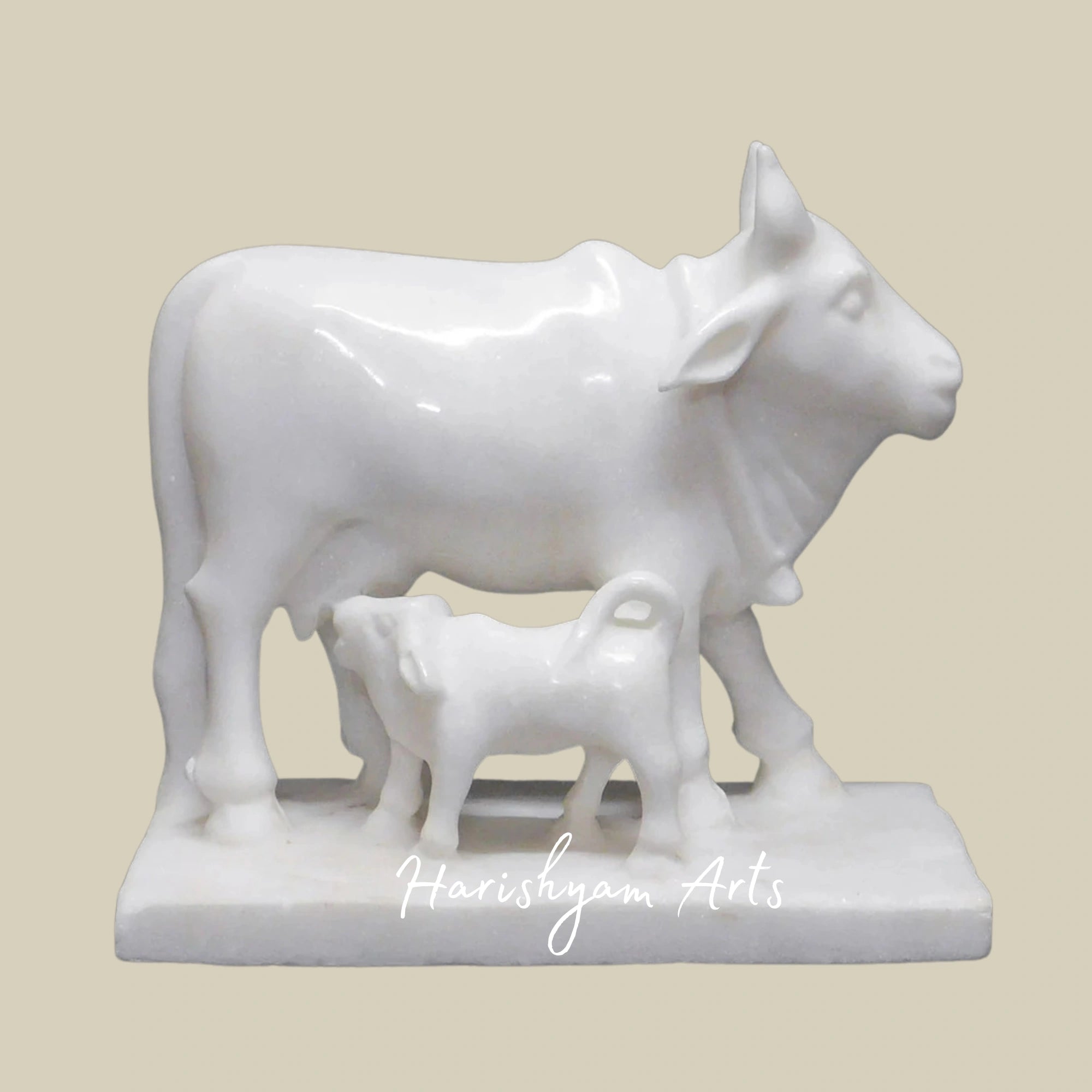 Marble Cow with Calf Statue Handcrafted Kamdhenu Idol for Home and Temple Décor