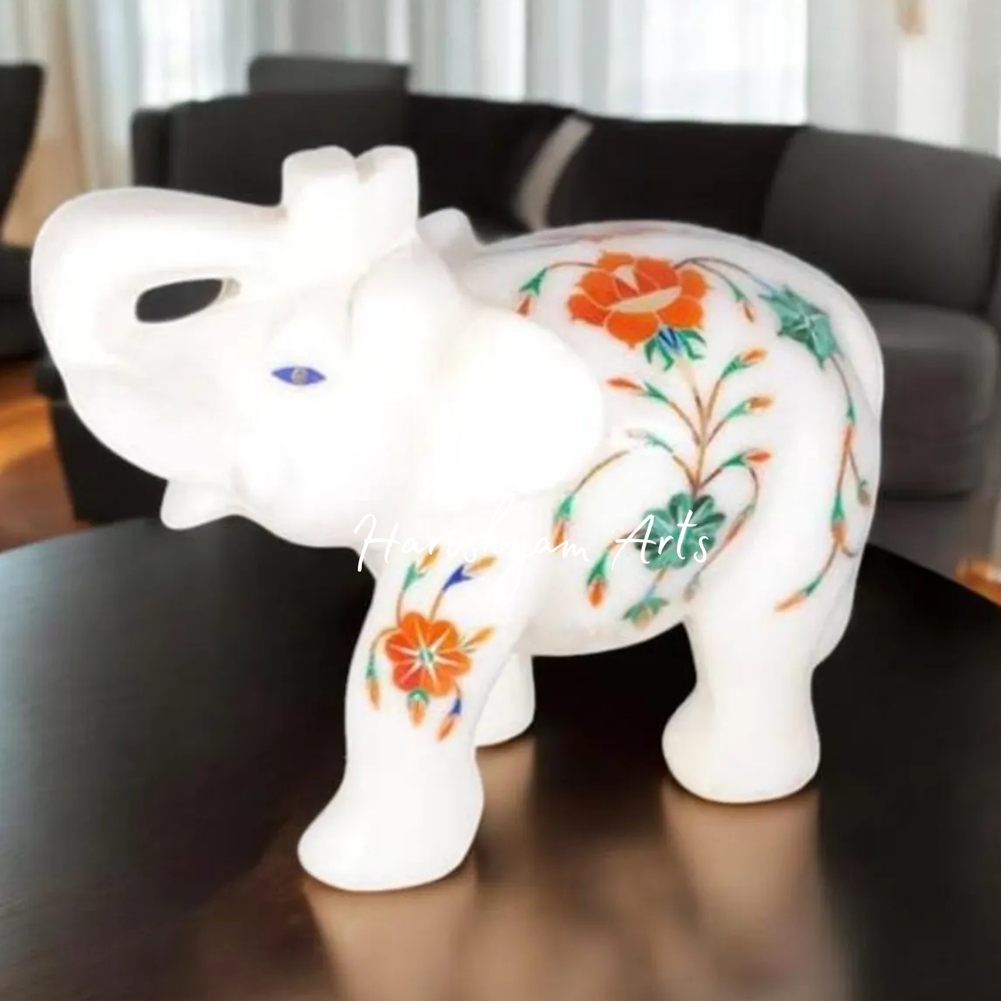 Marble Elephant Sculpture with Intricate Inlay Work