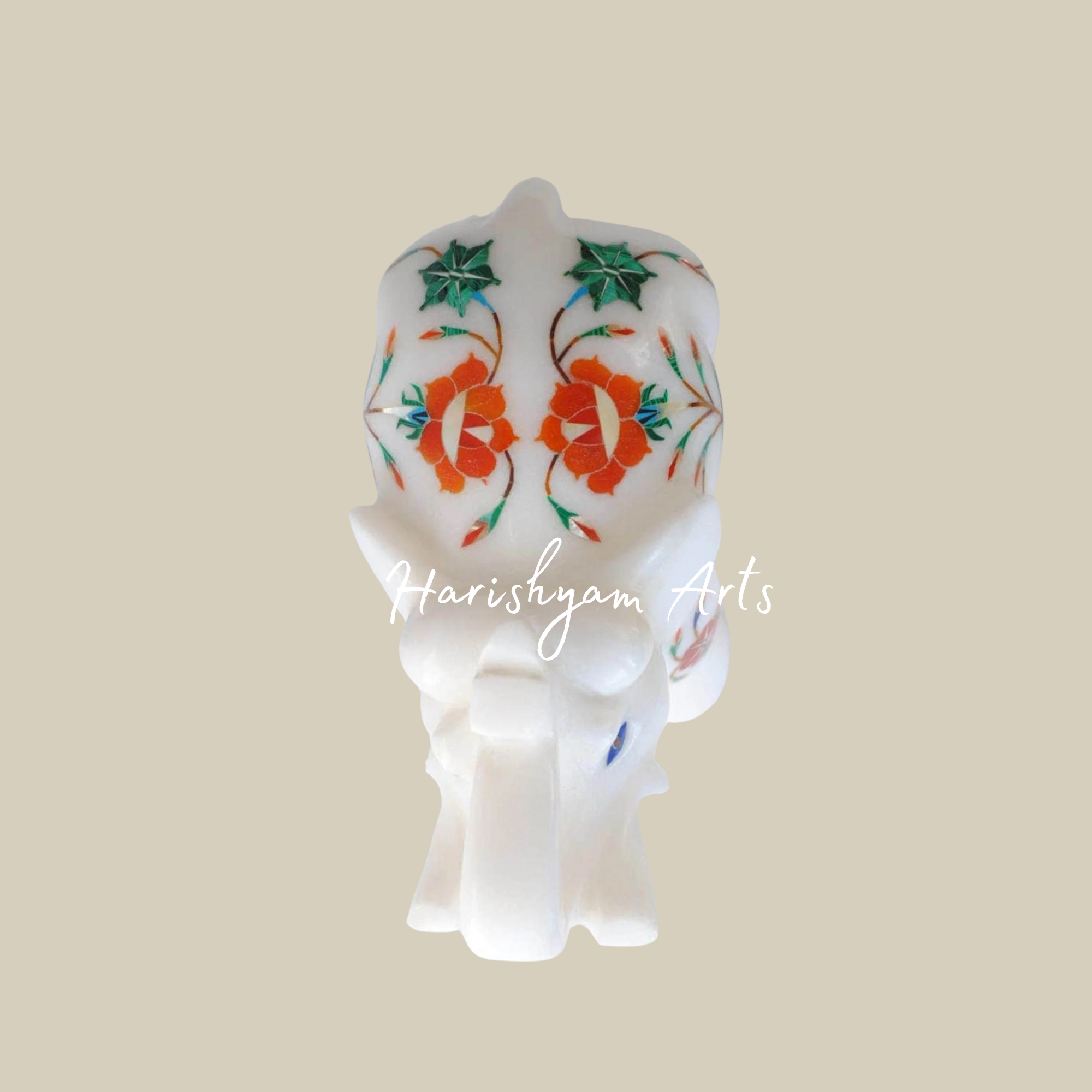 Marble Elephant Sculpture with Intricate Inlay Work