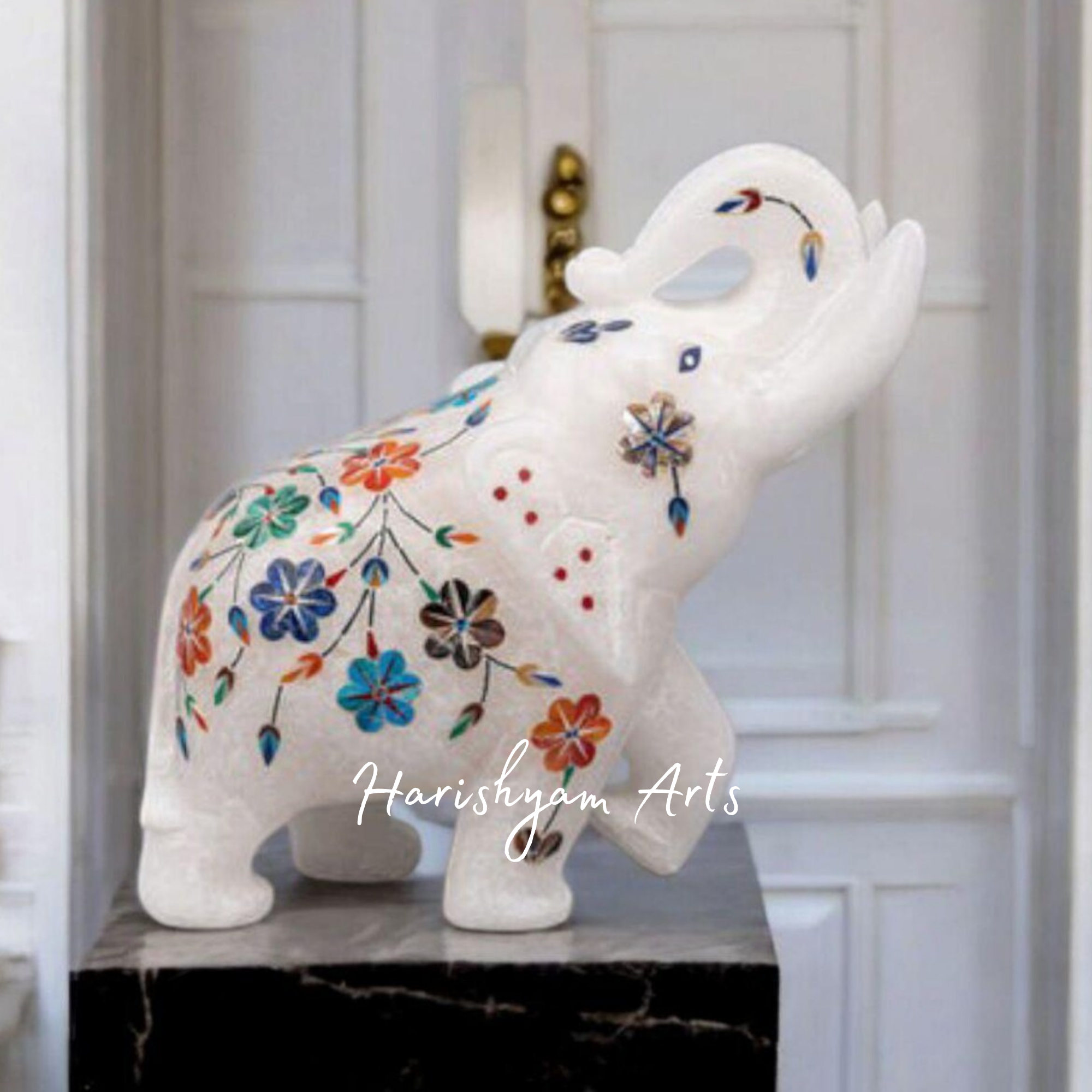 Marble Elephant Statue with Inlay Work Handcrafted Precious Stone Art